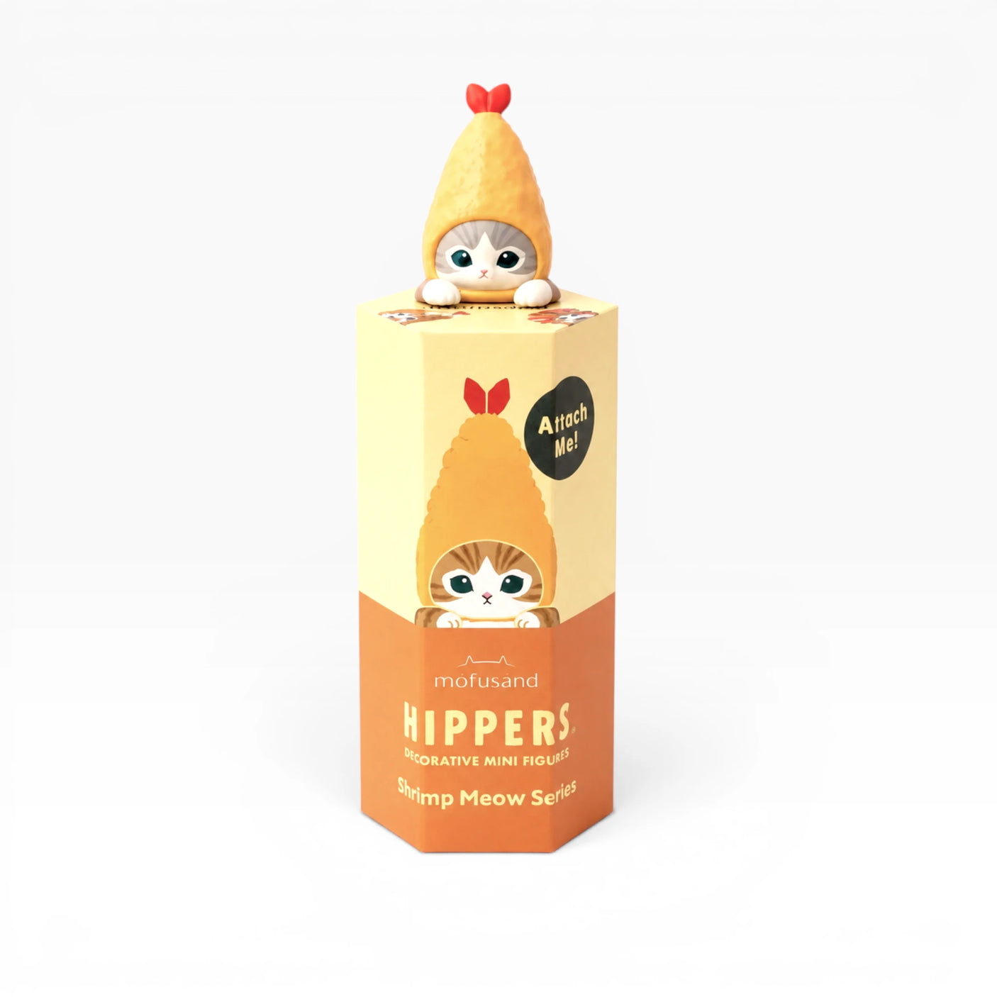 Shrimp Meow Hippers Series box with a yellow shrimp character and cat face