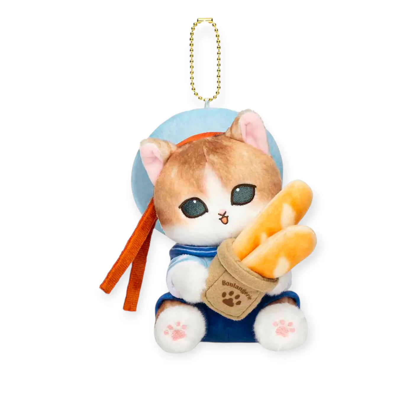 Plush cat plush keychain wearing blue outfit and orange accessory, holding a baguette