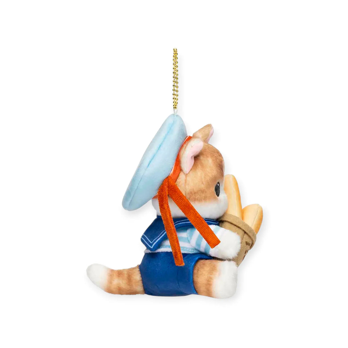 Plush cat keychain in light blue cap and blue pants, with orange strap