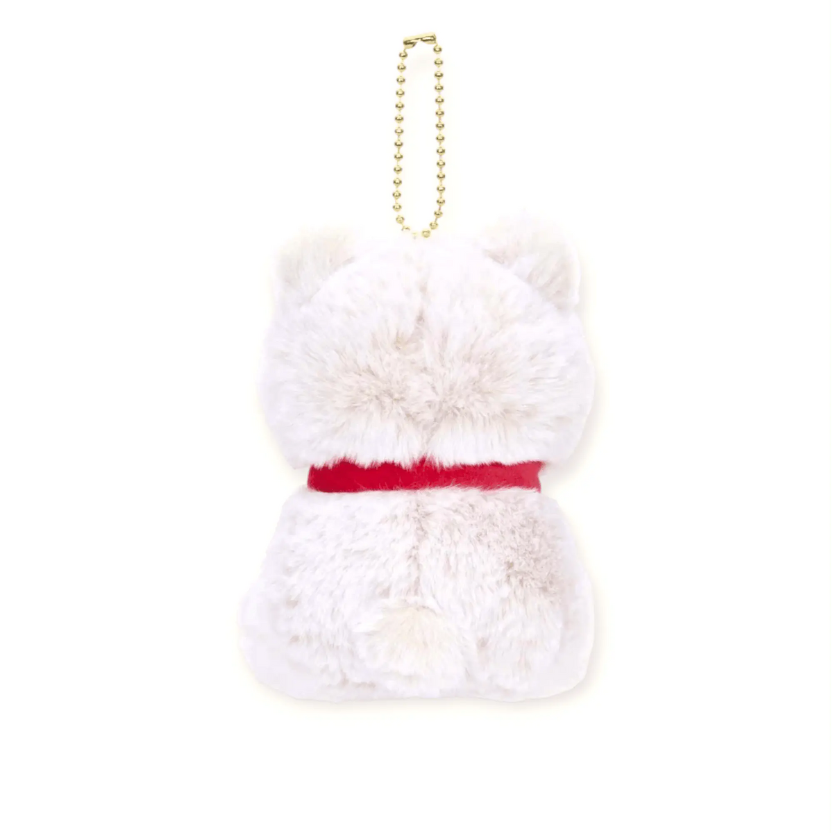 Mofusand plush teddy bear keychain, white back view with gold chain and red waist