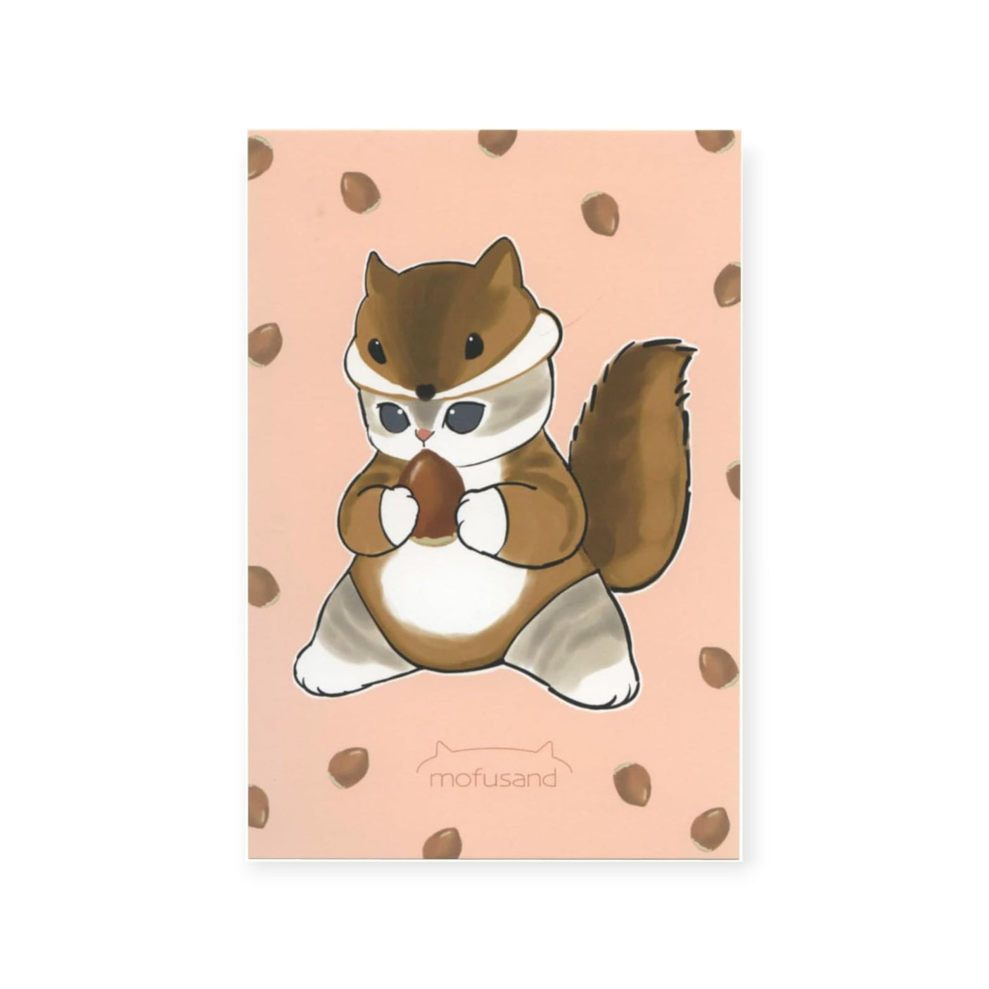 Cute Mofusand cat dressed in a squirrel costume holding an acorn on a pink acorn-patterned background print postcard