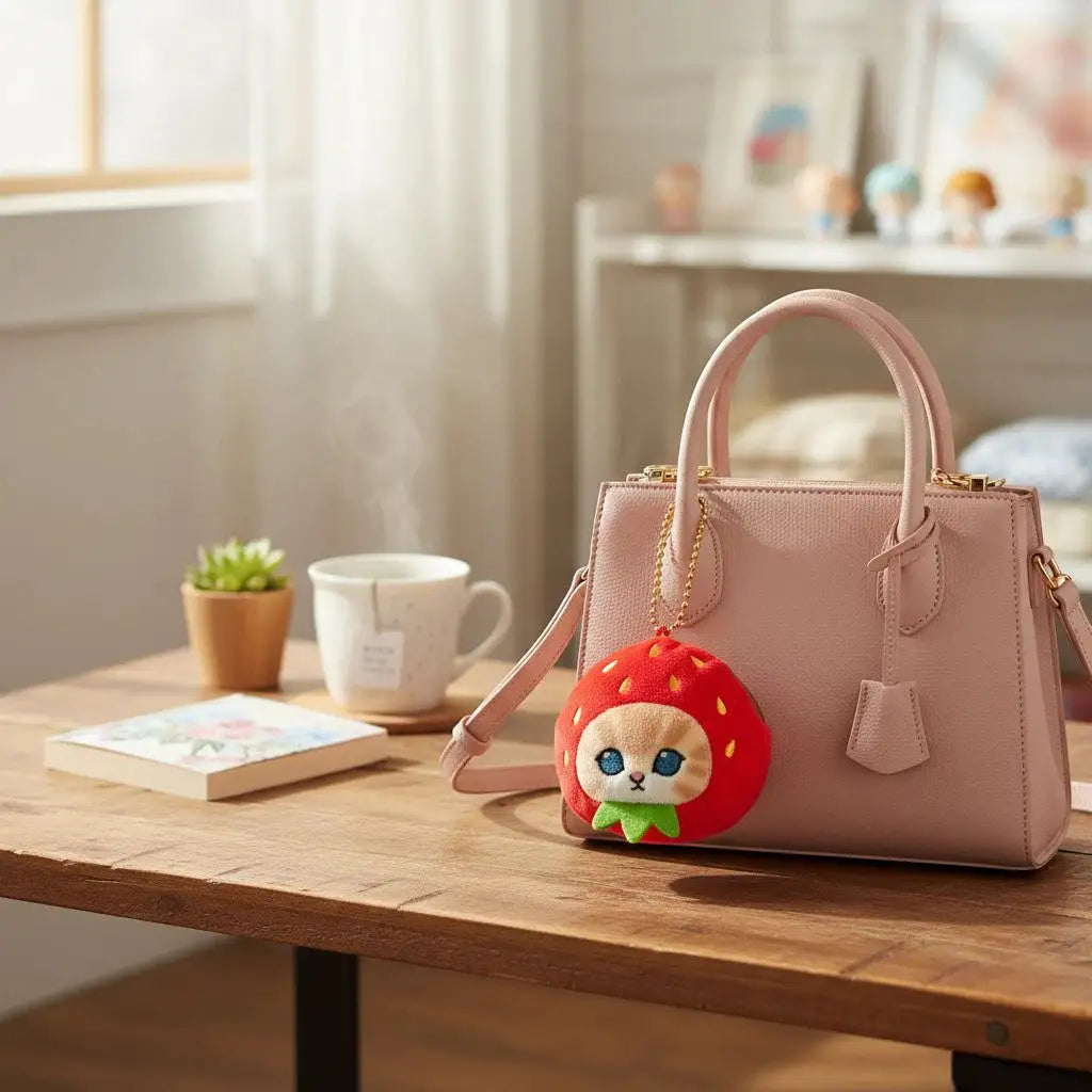 Strawberry plush keychain pouch attached to a pink handbag, zipper top and charm