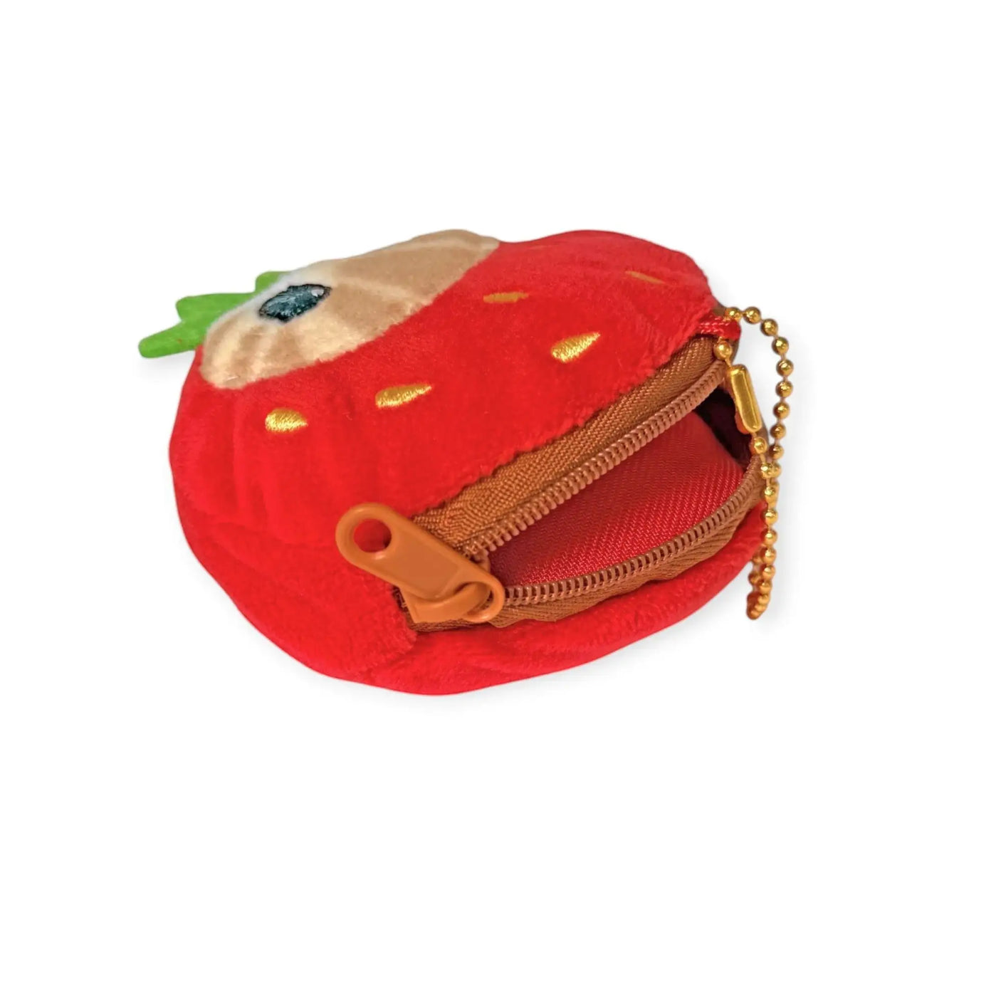Strawberry keychain pouch side view with tan zipper and bead chain