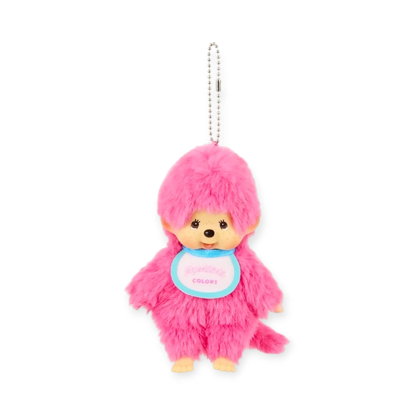 The Monchhichi Colours Bag Charm - Berry Pink is a plush furry monkey keychain with a white and blue bib, hanging from a silver ball chain—perfect as a cute bag charm or gift from Monchhichi.