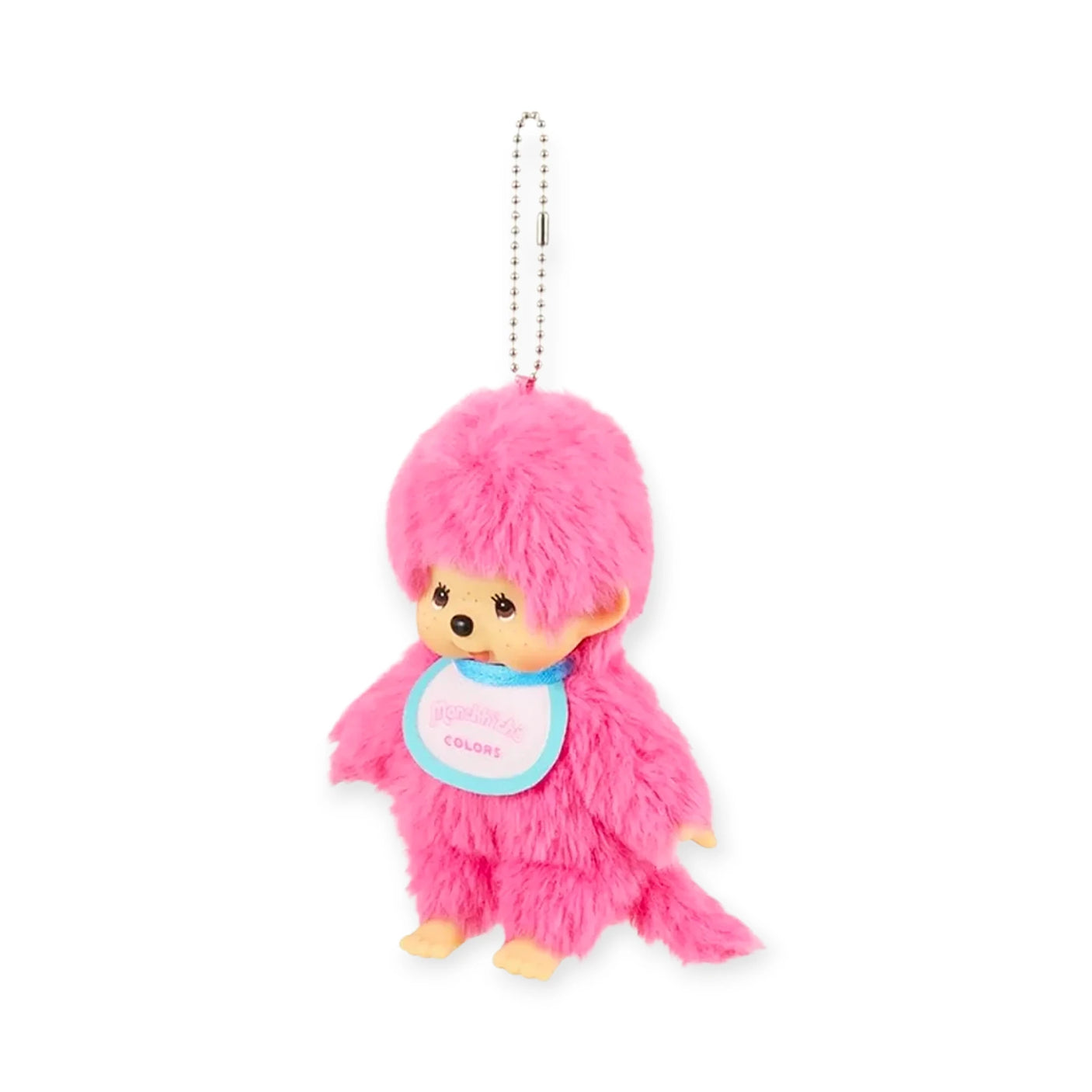 The Monchhichi Colours Bag Charm - Berry Pink by Monchhichi features a plush monkey with a round head, blue bib, and small chain—making it a cute keychain gift.