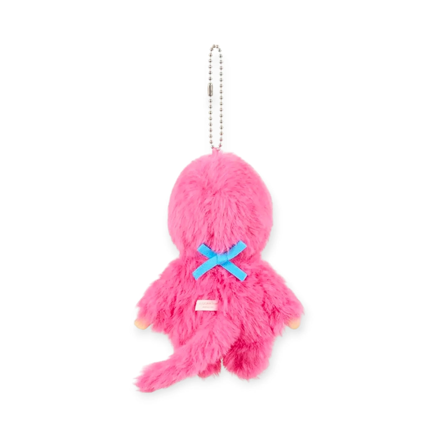 The Monchhichi Colours Bag Charm - Berry Pink features a small plush keychain with a blue bow on its back, shown hanging by a ball chain—perfect as an adorable Monchhichi bag charm or keychain gift, displaying its tail and back.