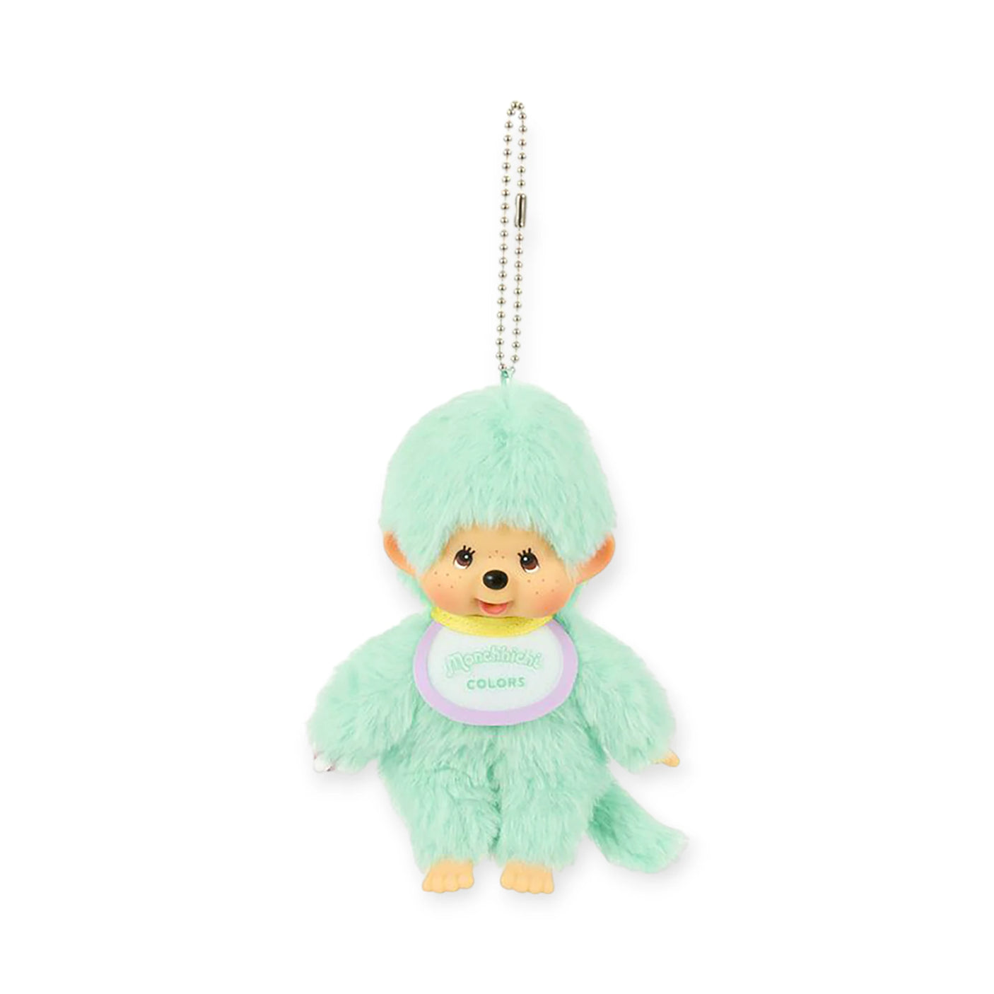 The Monchhichi Colours Bag Charm - Mint Green by Monchhichi features a plush monkey doll with a round head, embroidered face, and "Monchhichi COLORS" bib—perfect as a cute bag charm or thoughtful keychain gift on a silver ball chain.