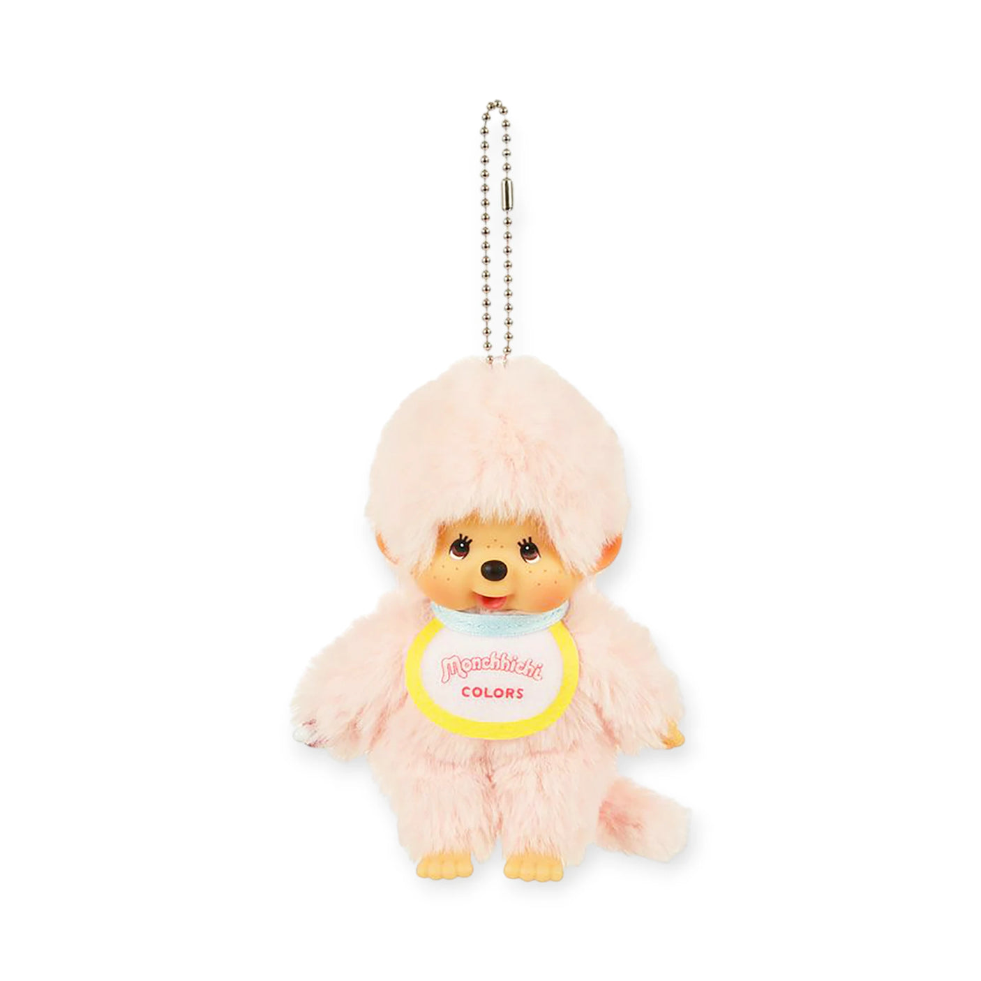 The Monchhichi Colours Bag Charm - Peach by Monchhichi features a pink furry monkey character with a round head and small limbs, making it a perfect cute keychain gift or bag charm.