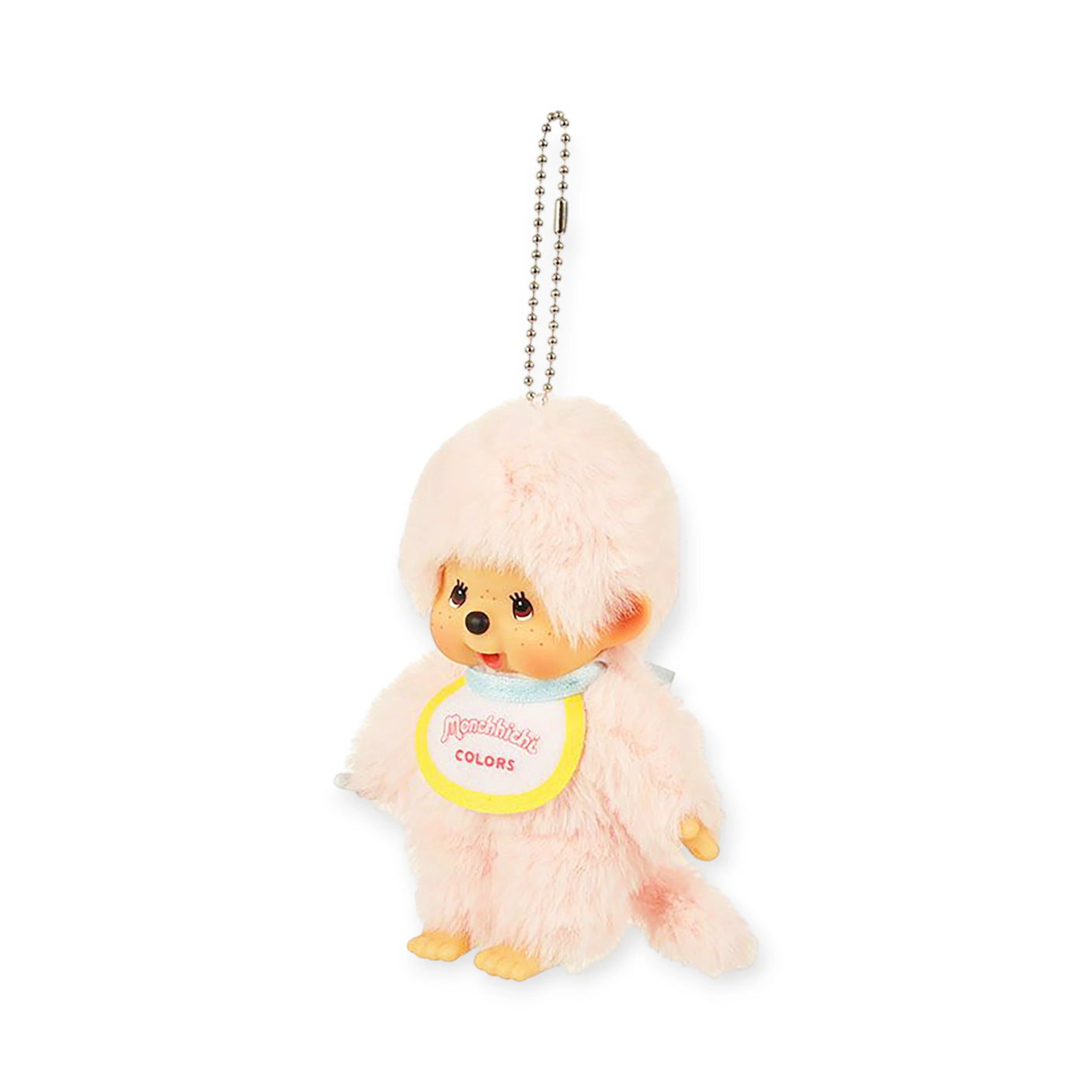 The Monchhichi Colours Bag Charm - Peach by Monchhichi features light pink fur, a round head, and a yellow and white "Monchhichi COLORS" bib—making it an adorable keychain or perfect bag charm gift.