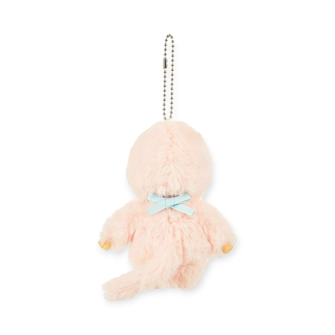 The Monchhichi Colours Bag Charm - Peach by Monchhichi is a small, light pink plush accessory featuring a blue bow and a keychain on its head, shown from the back.