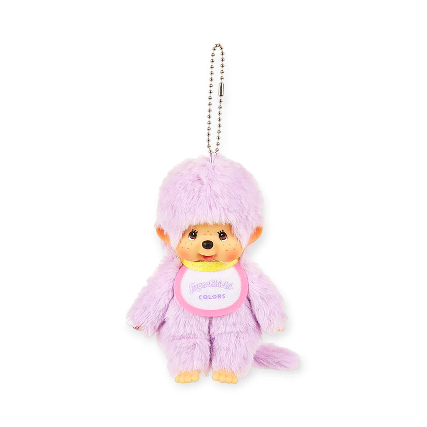 The Monchhichi Colours Bag Charm - Purple by Monchhichi is a small, light purple plush monkey keychain with a pink “Monchhichi Colors” bib and silver ball chain, perfect as a cute bag charm or gift.