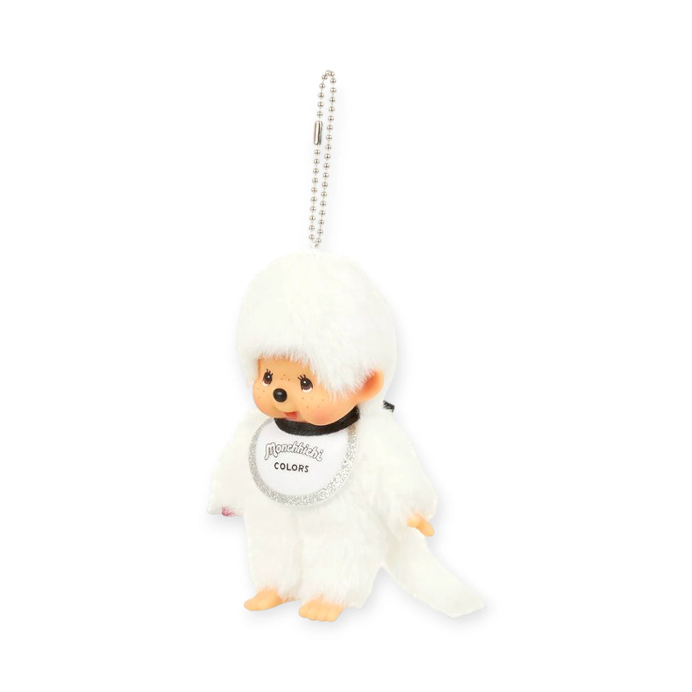 The Monchhichi Colours Bag Charm - White features a plush white monkey with a round head, “Monchhichi Colors” bib, and silver ball chain—a charming accessory and perfect keychain gift from Monchhichi.