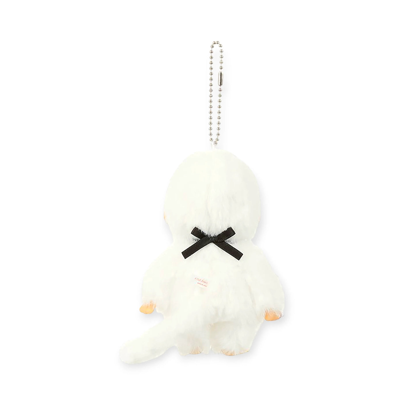 The Monchhichi Colours Bag Charm - White by Monchhichi is a plush cat-shaped keychain with a black ribbon and metal ball chain, shown from the back—an adorable accessory or gift for cat lovers.