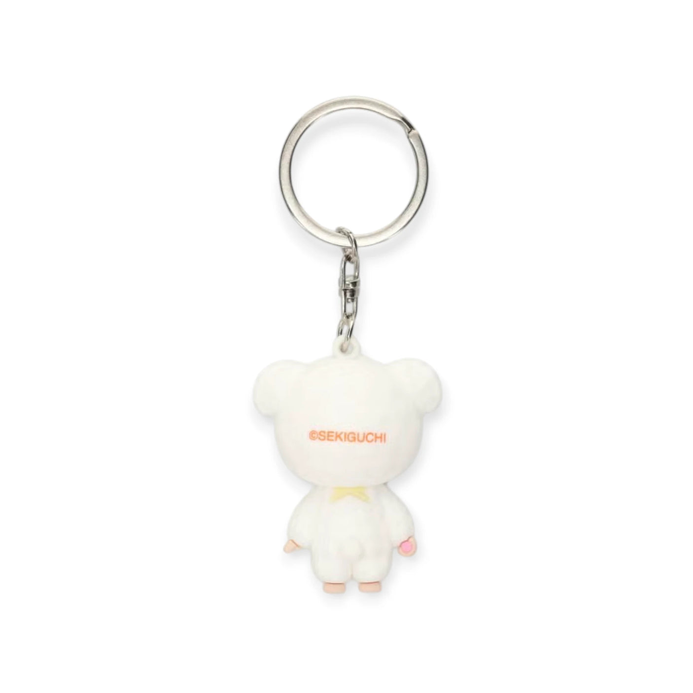 Chamu mini figure keychain with plush bear back, printed logo, metal keyring