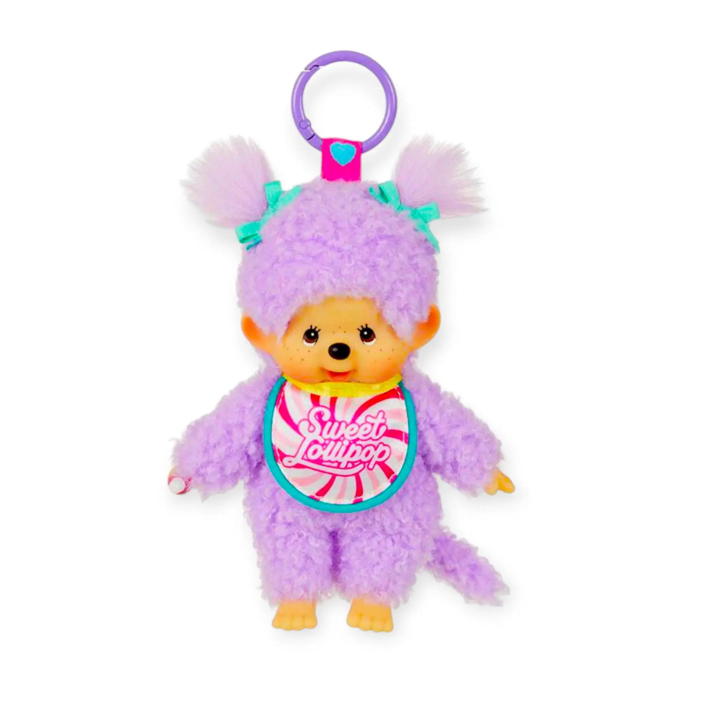 Purple Monchhichi plush bag charm with pastel pigtails, wearing a bib that reads Sweet Lollipop and purple loop keyring