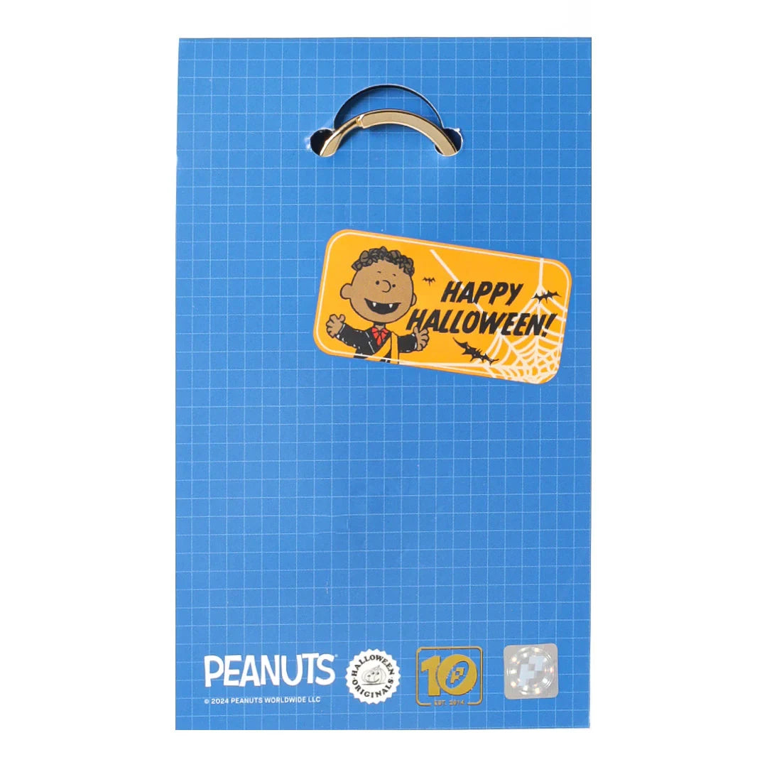 Back of Peanuts Gang Halloween bag charm packaging with blue grid background and Happy Halloween tag, gallery image 1