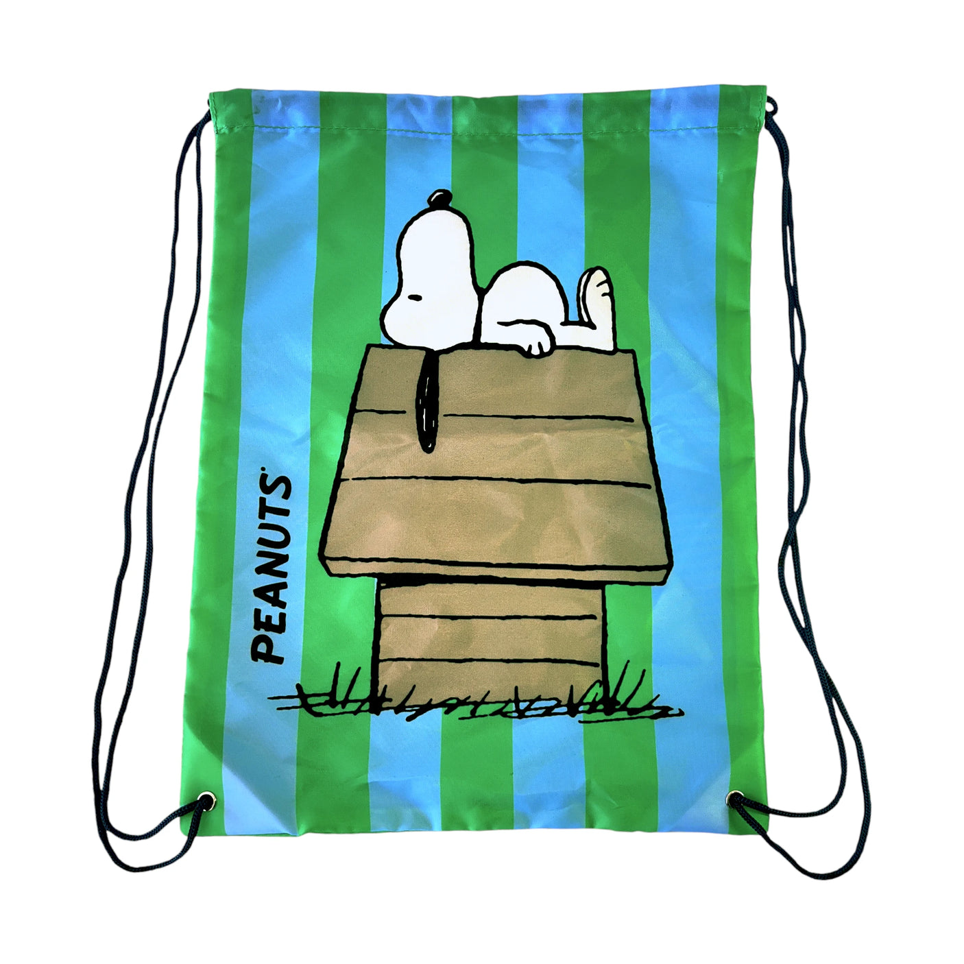 Blue and green striped Peanuts drawstring bag featuring Snoopy sleeping on his doghouse with black cords and PEANUTS text