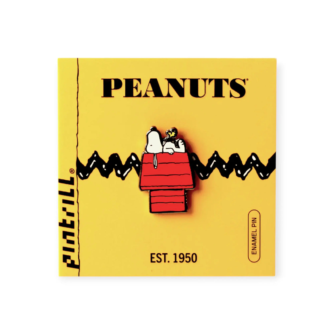 Snoopy and Woodstock enamel pin, Snoopy and Woodstock on a red doghouse