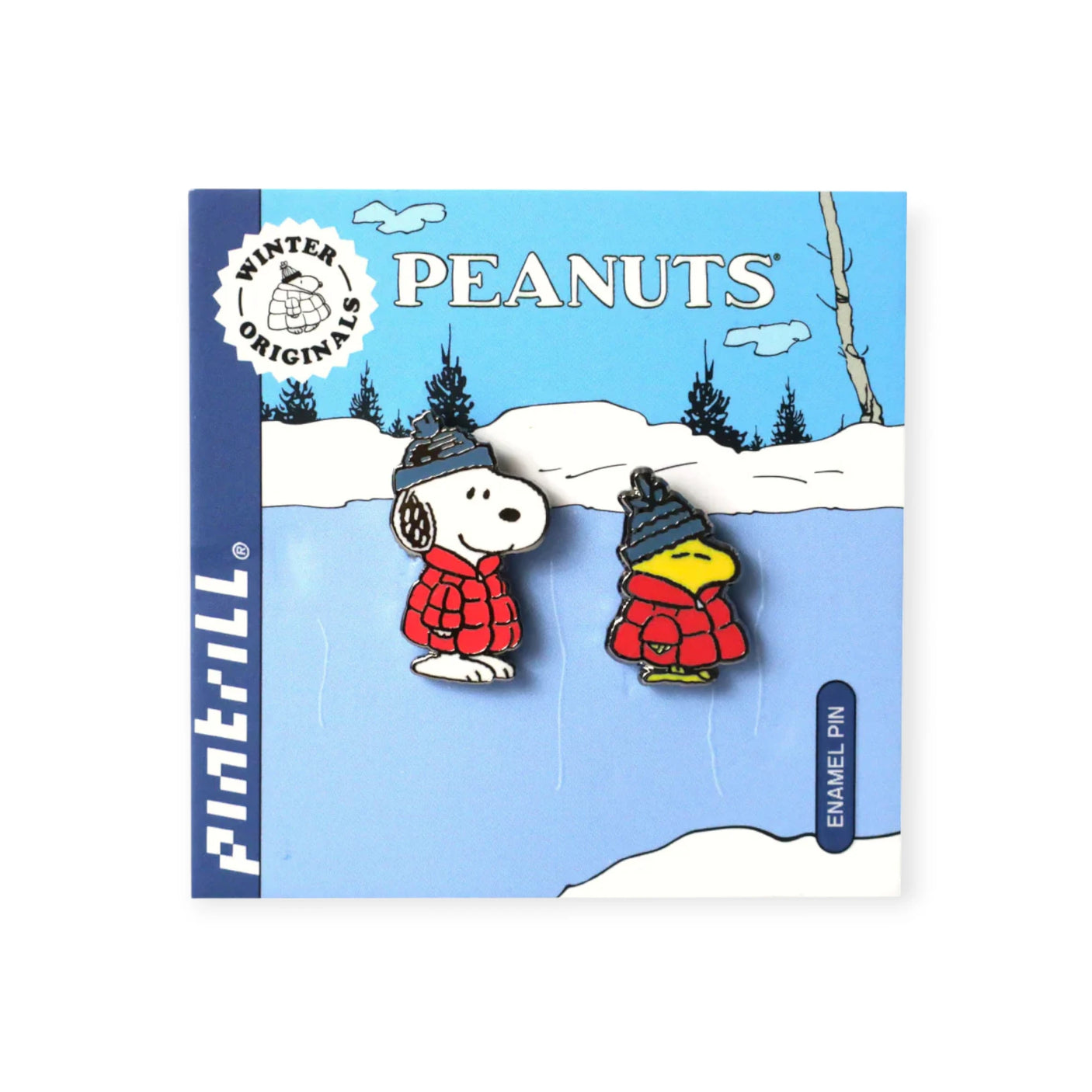 Snoopy and Woodstock enamel pins wearing red puffers and winter hats on blue snowy Peanuts background, front view