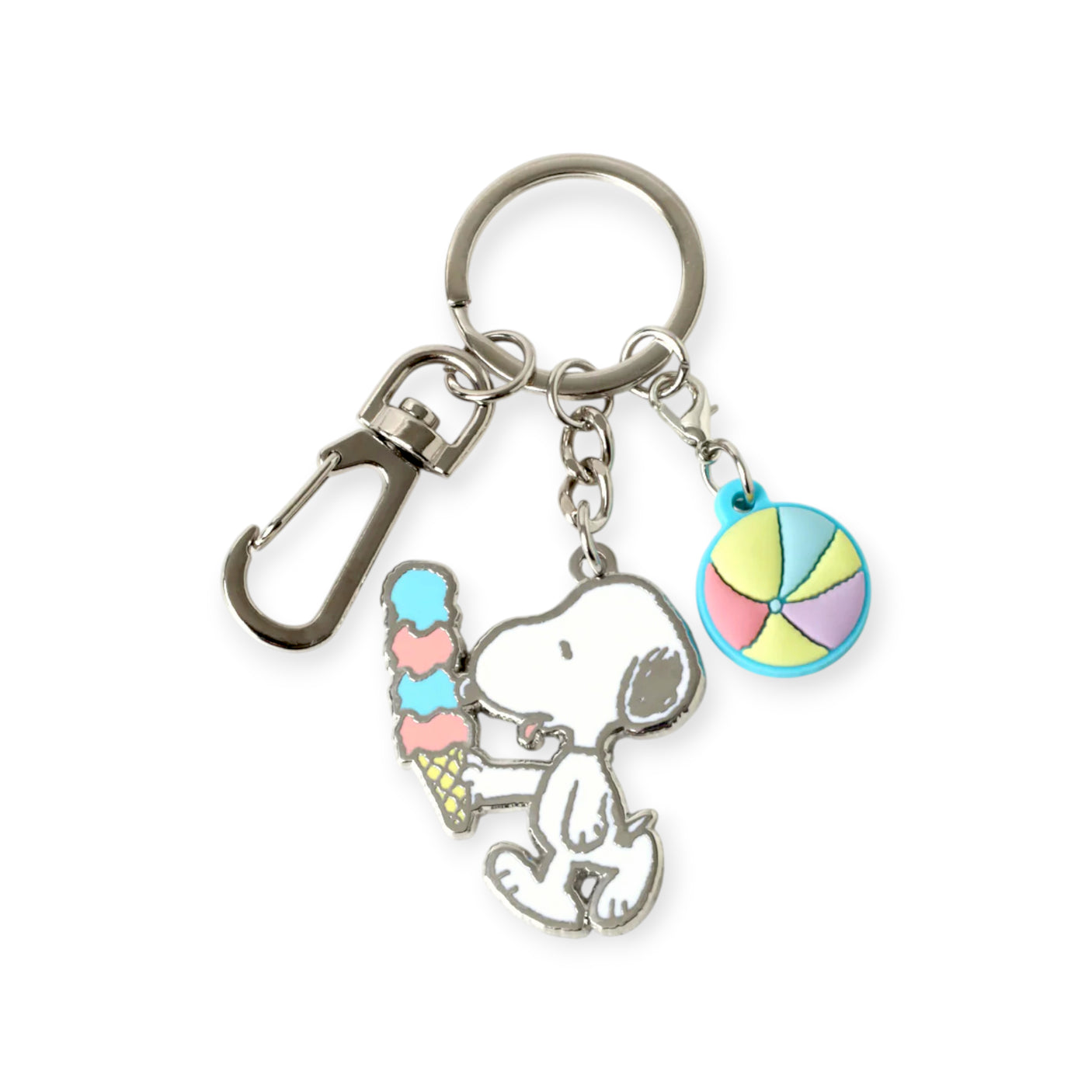 Snoopy holding a pastel ice cream cone and a colorful beach ball charm on a silver keyring with clasp attachment