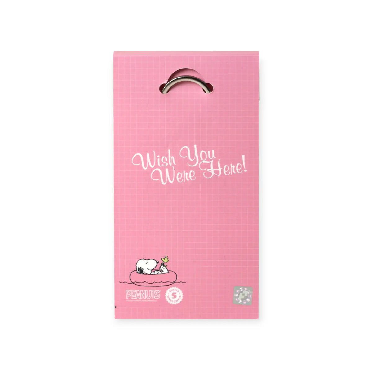 Pink Snoopy ice cream keychain pouch with metal keyring loop at top