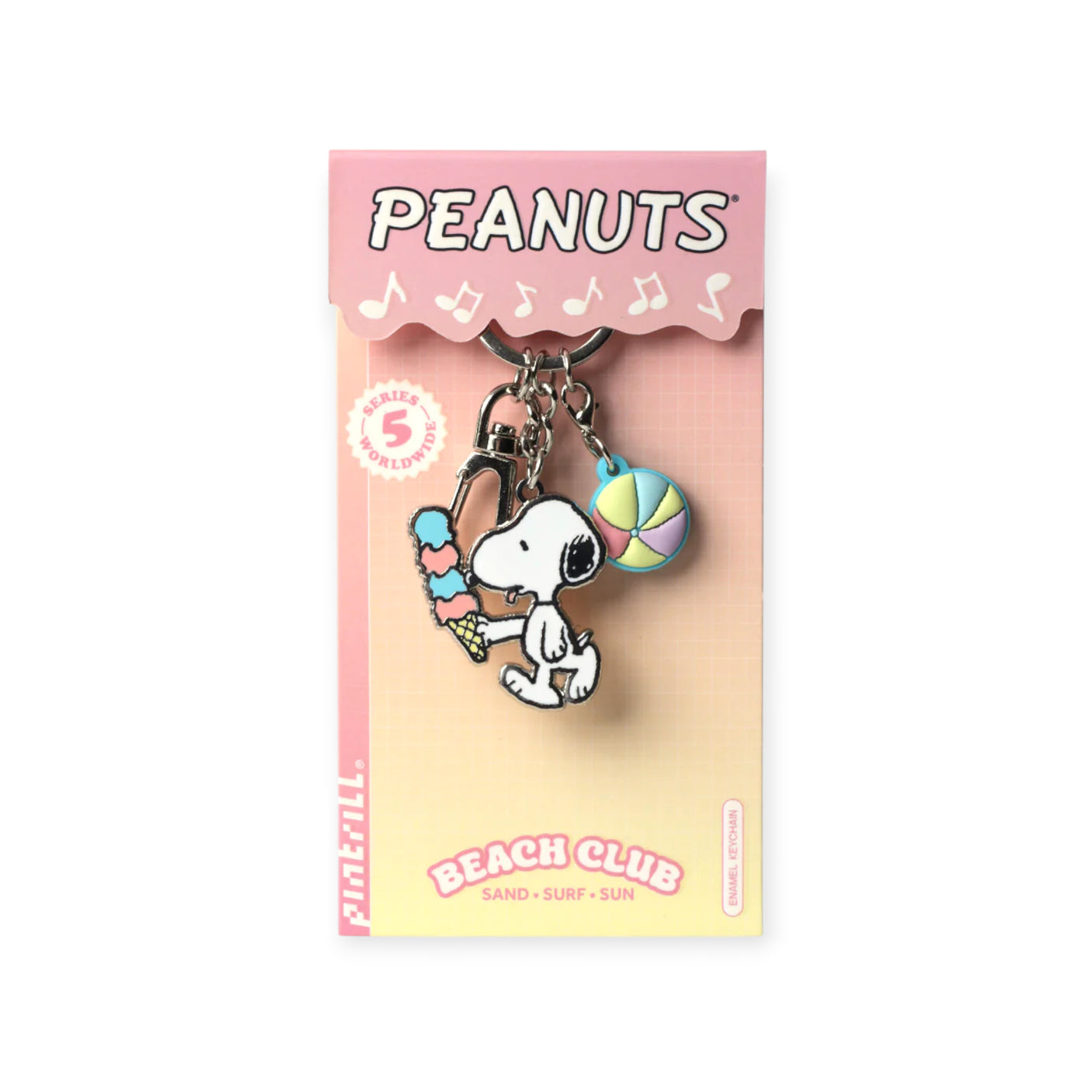 Snoopy holding a pastel ice cream cone and a beach ball charm on a keychain with pink Peanuts packaging