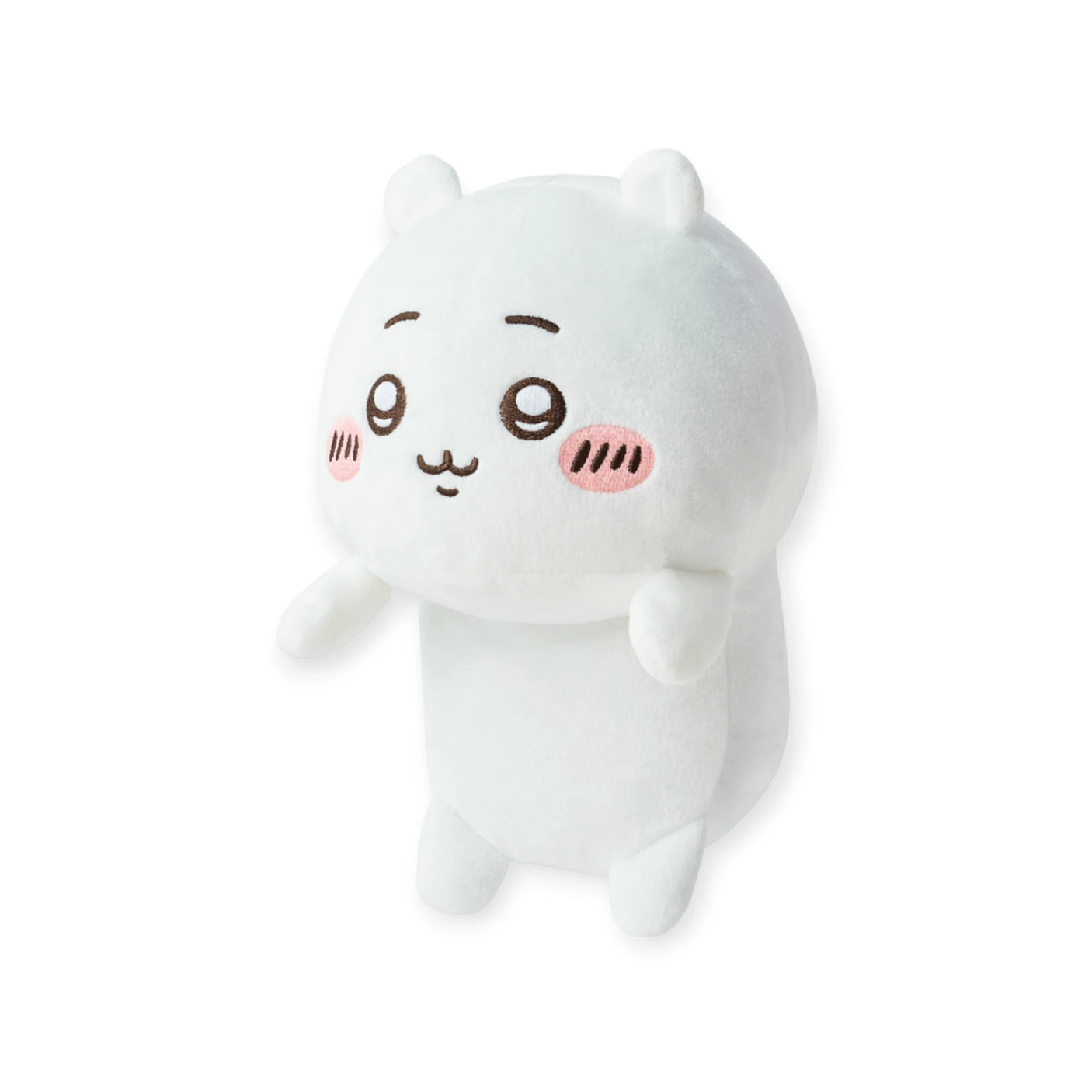 The Chiikawa Posture Plush Buddy by Chiikawa features a white plush with small ears, short limbs, and an embroidered smiling face with pink cheeks—perfect as an adorable desk companion.