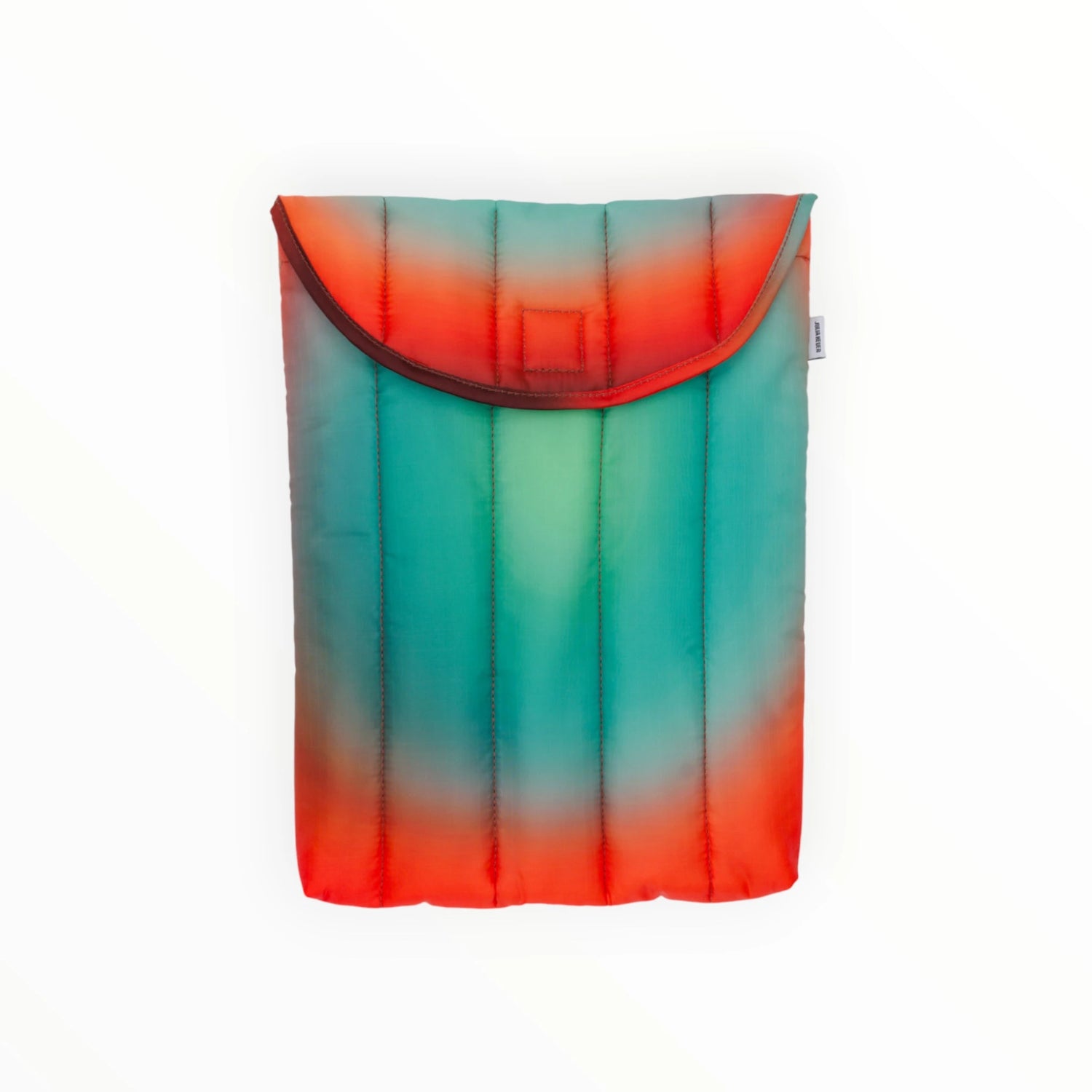 Introducing the Baggu Puffy Laptop Sleeve 13"/14" - Rain: a colorful, padded sleeve showcasing gradient shades of red, blue, and green. It features a top flap closure with a sleek dark trim for enhanced style and protection.