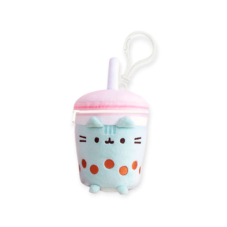 The adorable Pusheen Keychain Plush - Boba Tea features a cute cat design on a bubble tea cup, complete with a cheerful pink straw.