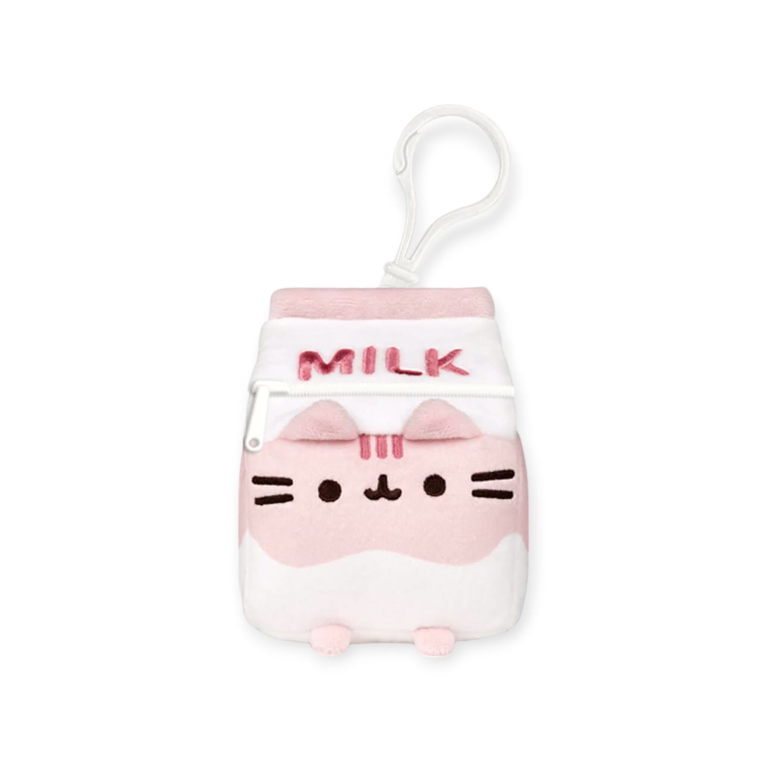 A charming Pusheen Keychain Plush - Strawberry Milk, designed by Pusheen, resembles a pink and white milk carton adorned with an adorable cat design and the word "MILK" on it.