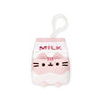 A charming Pusheen Keychain Plush - Strawberry Milk, designed by Pusheen, resembles a pink and white milk carton adorned with an adorable cat design and the word "MILK" on it.