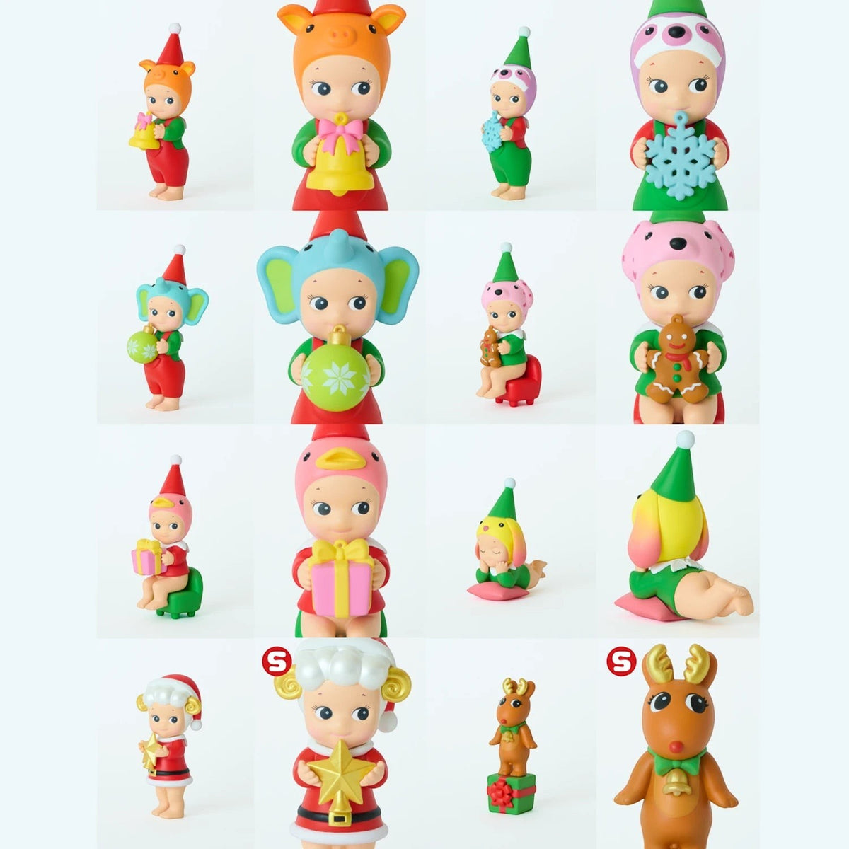 Assorted mini elf-themed vinyl figures with cone hats, shown standing together