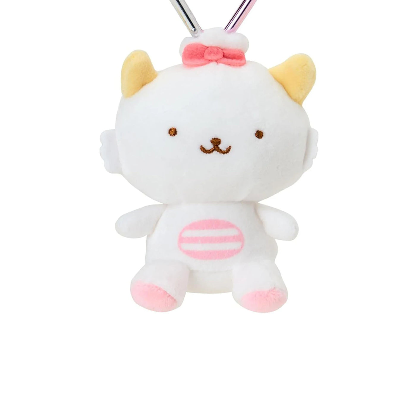 White plush cat keychain with heart clasp and pink bow on head