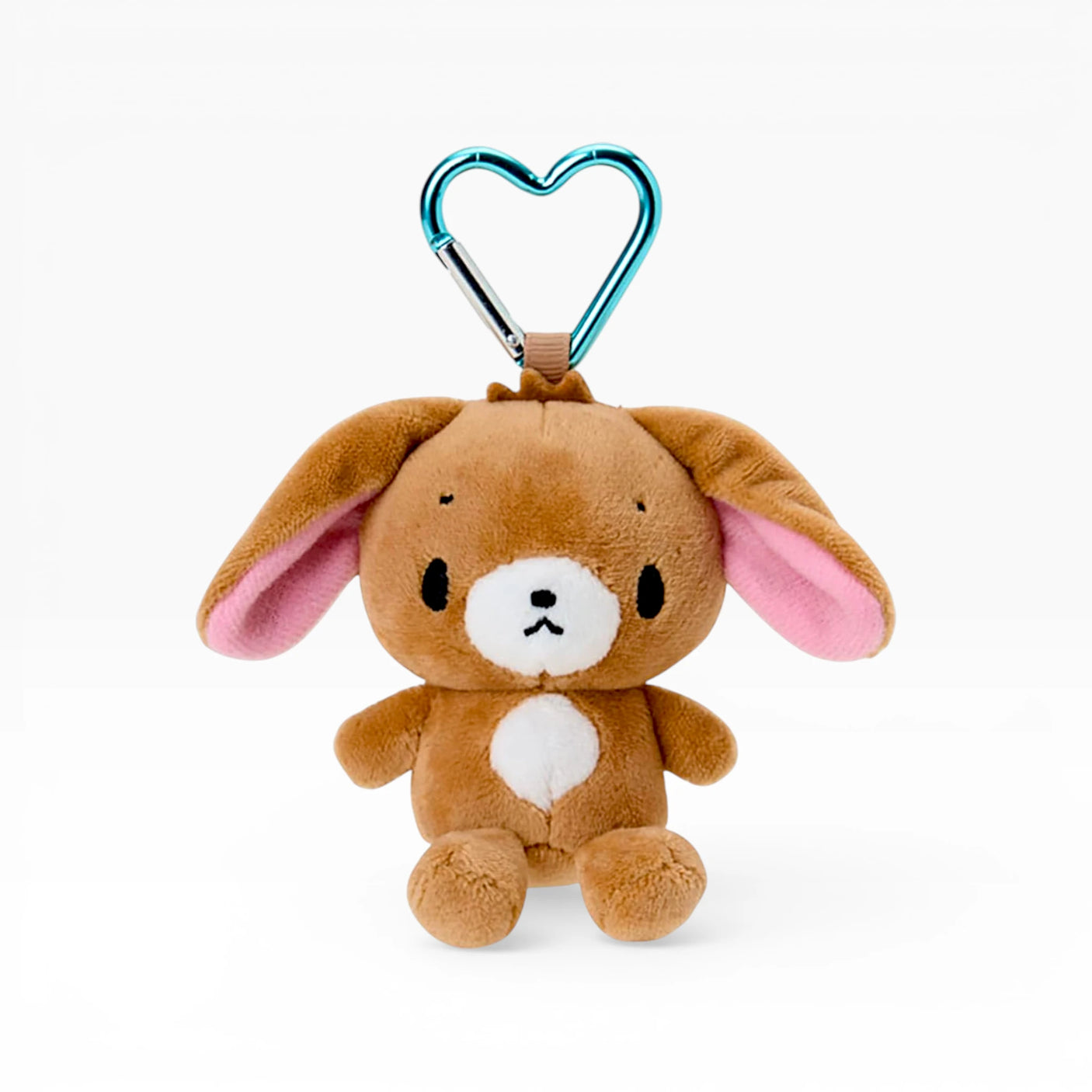 Plush brown bunny keychain with pink ears and teal heart clasp clip
