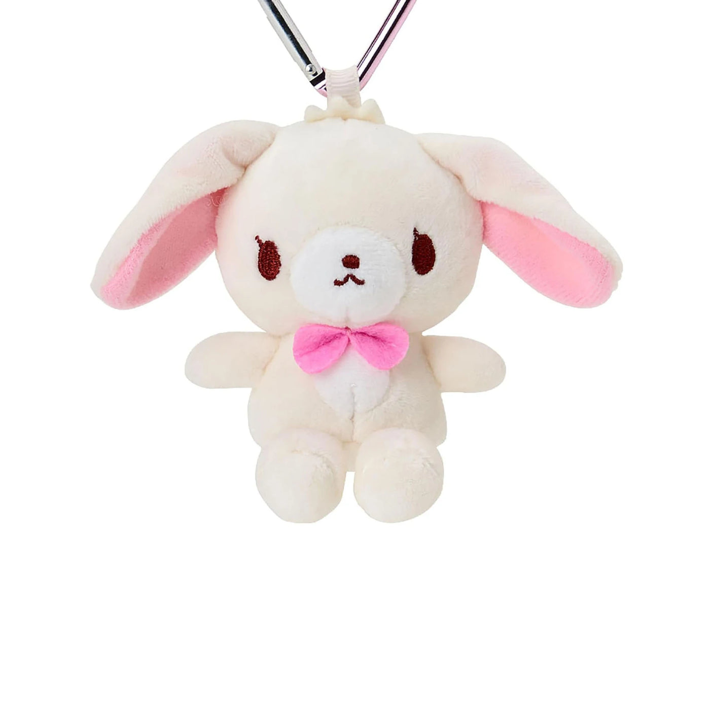 Sugarbunnies plush bunny keychain, front view with heart clasp and pink bow