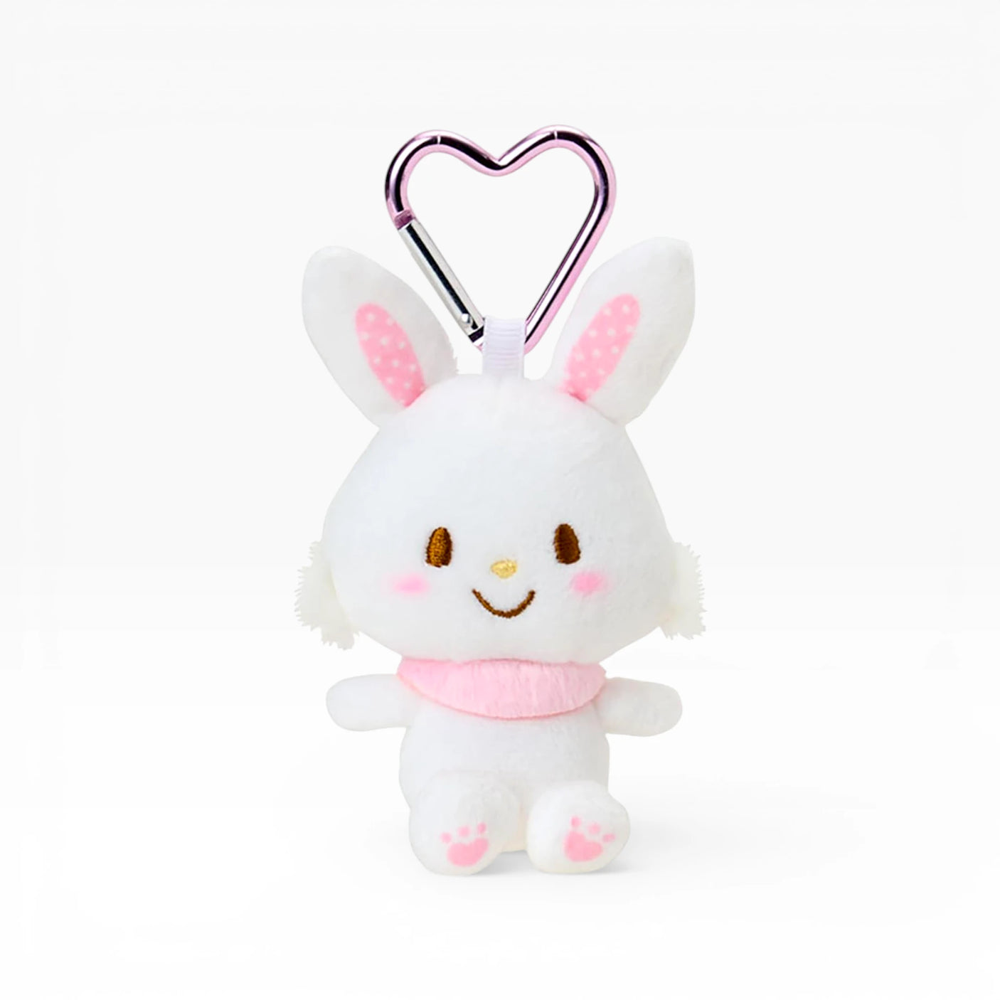 White plush bunny keychain with heart clasp, pink scarf and paw pads