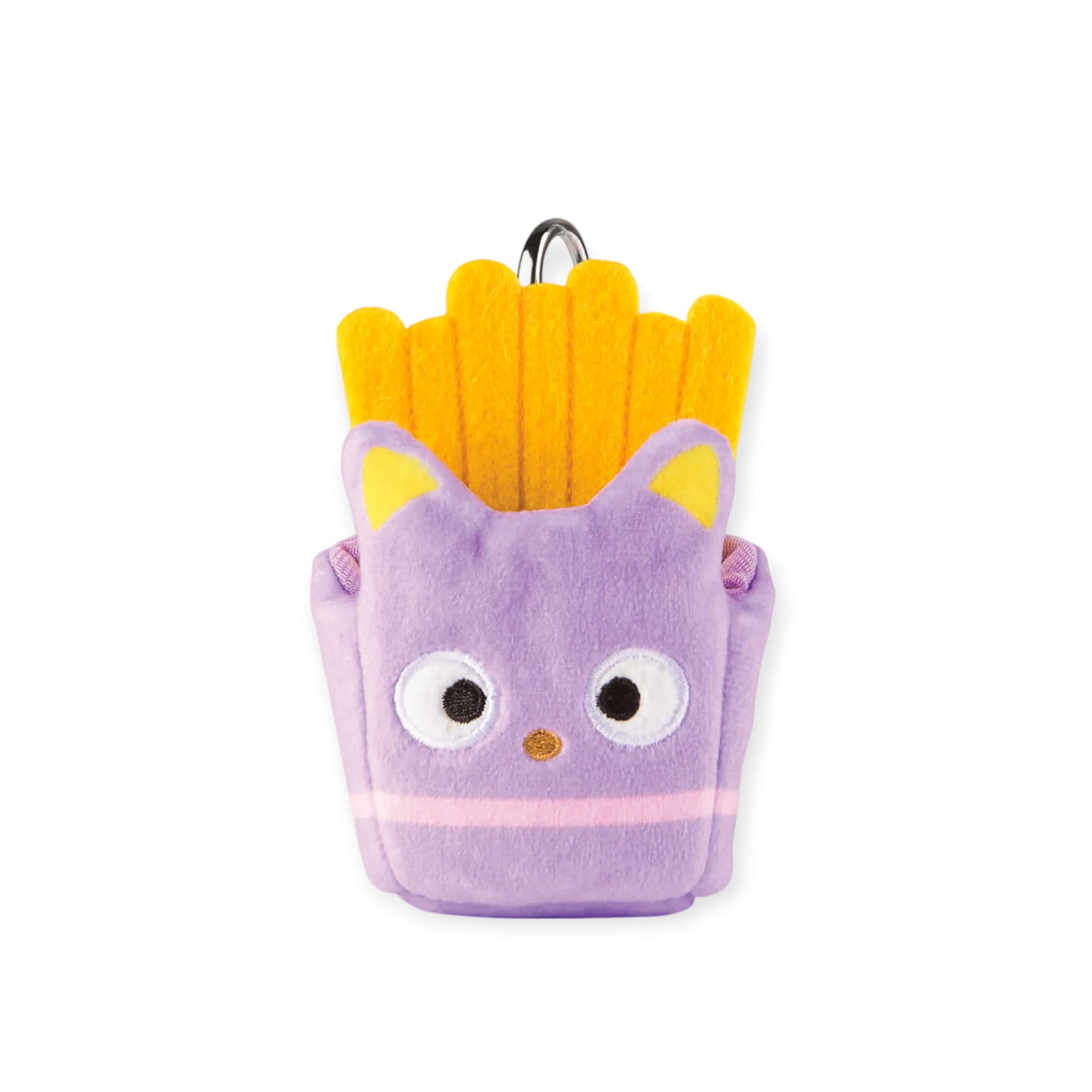 The Hello Kitty Blind Bag - Snack Plushie is a cute keychain resembling fries in a cat-themed purple container with yellow accents, big eyes, and small ears—great for your collection or as a surprise blind bag gift!.
