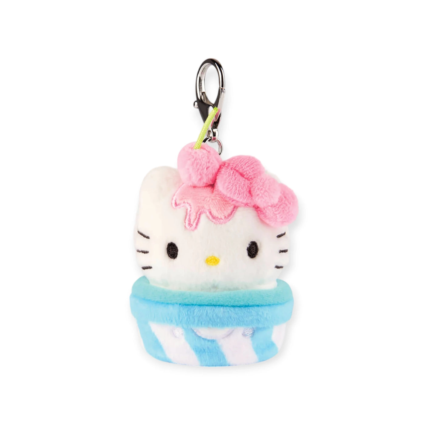 Explore our Hello Kitty Blind Bag - Snack Plushie collection for a cute keychain featuring a character with a pink bow, designed like a whimsical cupcake with a blue base.