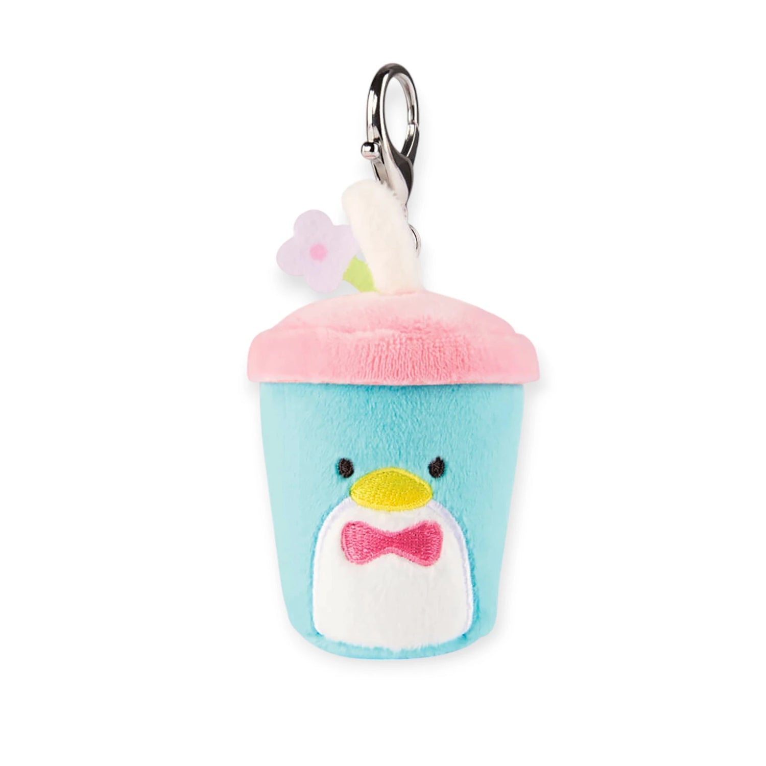 The Hello Kitty Blind Bag - Snack Plushie from Sanrio features a penguin-like blue cup design with a pink lid and bow tie. Equipped with a silver clip, it's ideal for collectors or as a surprise in any blind bag!.