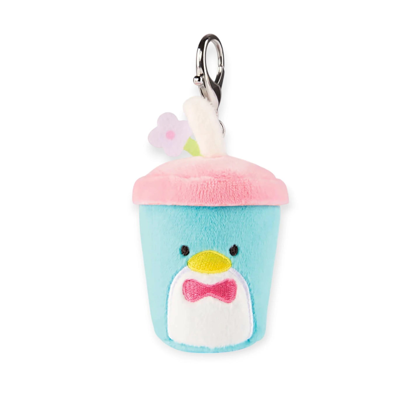 The Hello Kitty Blind Bag - Snack Plushie from Sanrio features a penguin-like blue cup design with a pink lid and bow tie. Equipped with a silver clip, it's ideal for collectors or as a surprise in any blind bag!.