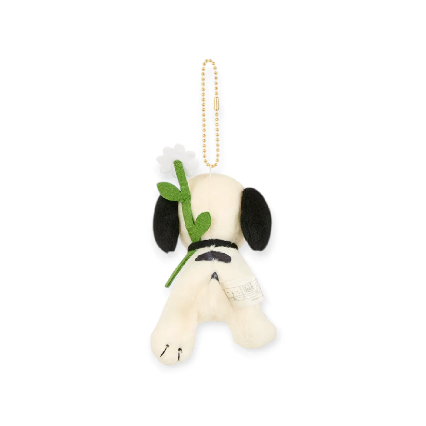 Snoopy plush keychain back view with green sprout and gold beaded chain