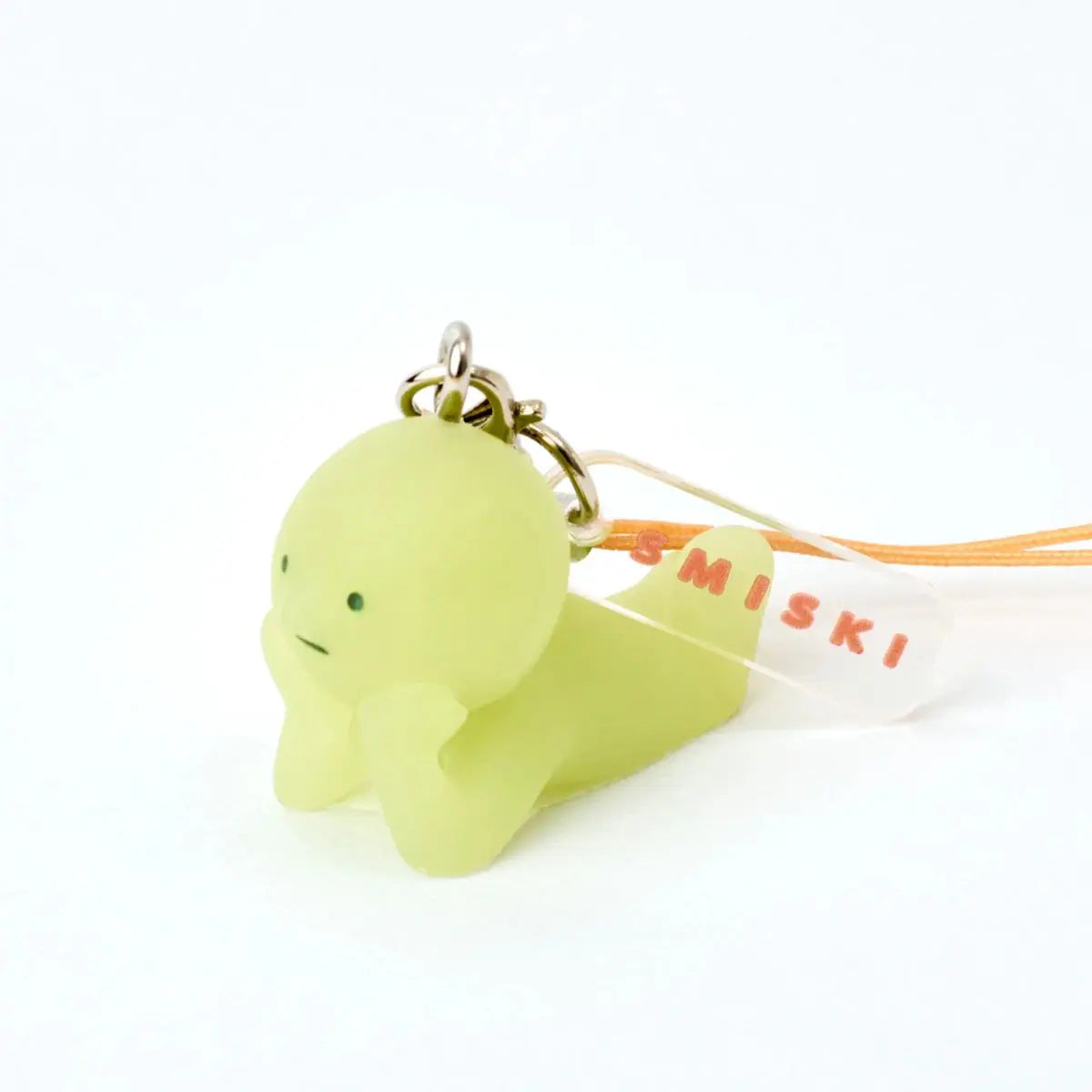 Smiski strap accessory keychain, lime green character charm with metal chain and loop