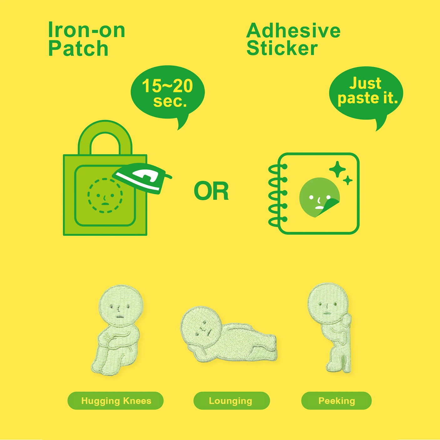 Comparison of application methods for Smiski Embroidery Sticker/Patch by Smiski, showcasing three green stickers—Hugging Knees, Lounging, and Peeking—as embroidered accessories on a yellow background.
