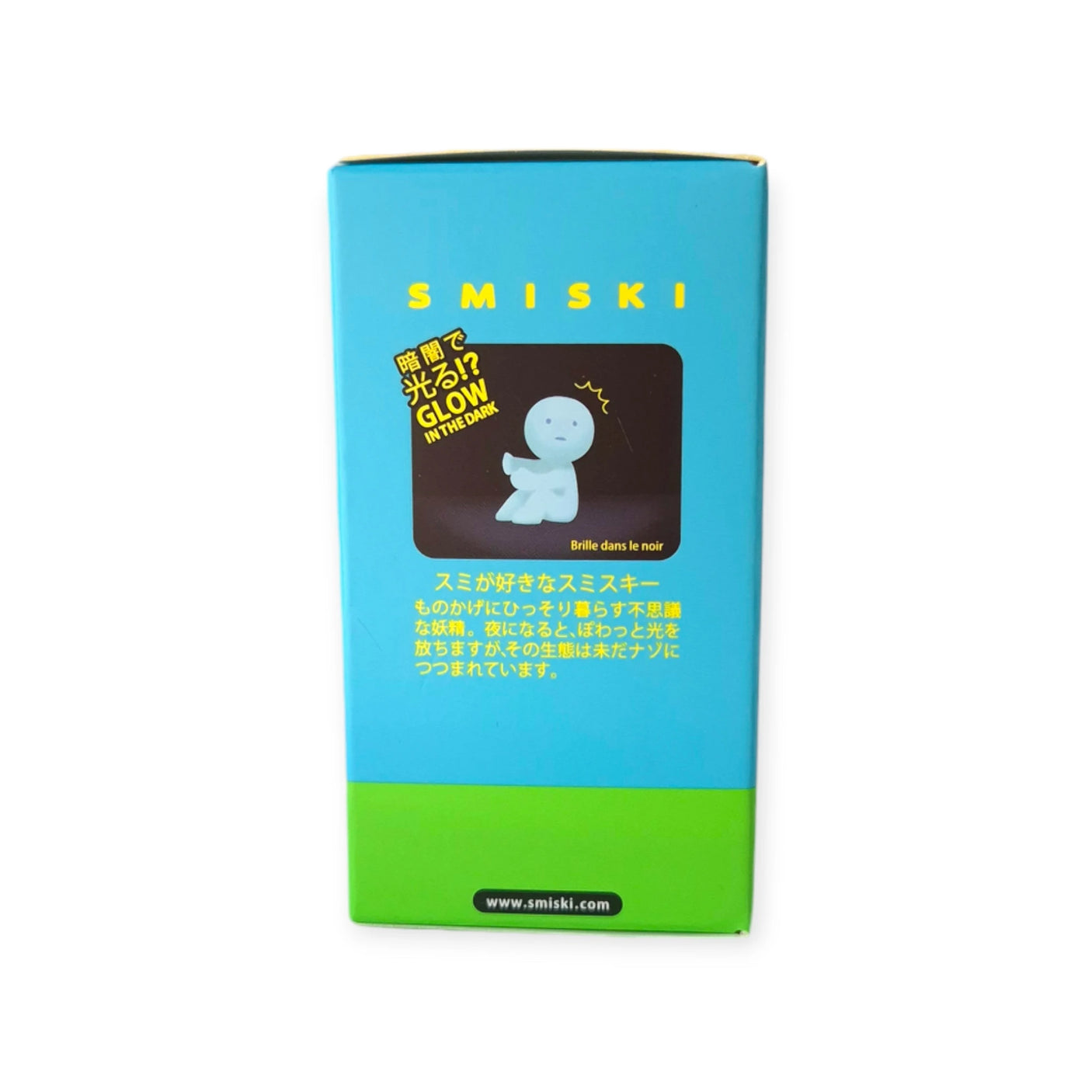 The packaging of the Smiski Toothbrush Holder - Protecting Figure by Smiski showcases a Glow-in-the-Dark figure illustration along with text in multiple languages, all set against an engaging blue and green background—making it a perfect Protective Pal for your space.