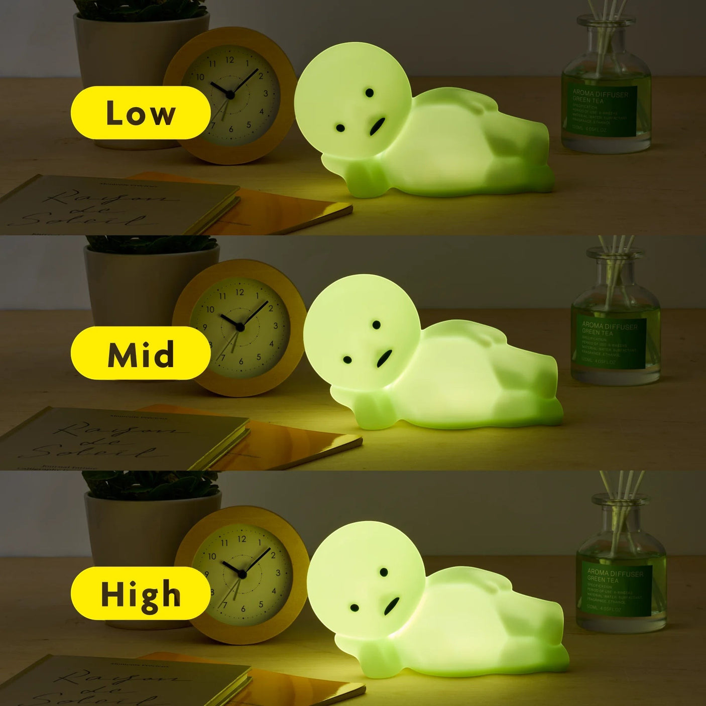 Smiski Touch Light lounging figure with Low, Mid, and High light level indicators