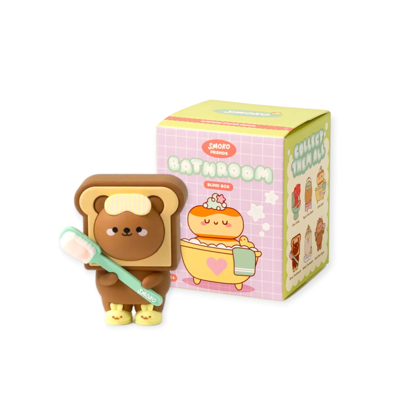 Bathroom blind box box with bear figure holding brush, cute cartoon style