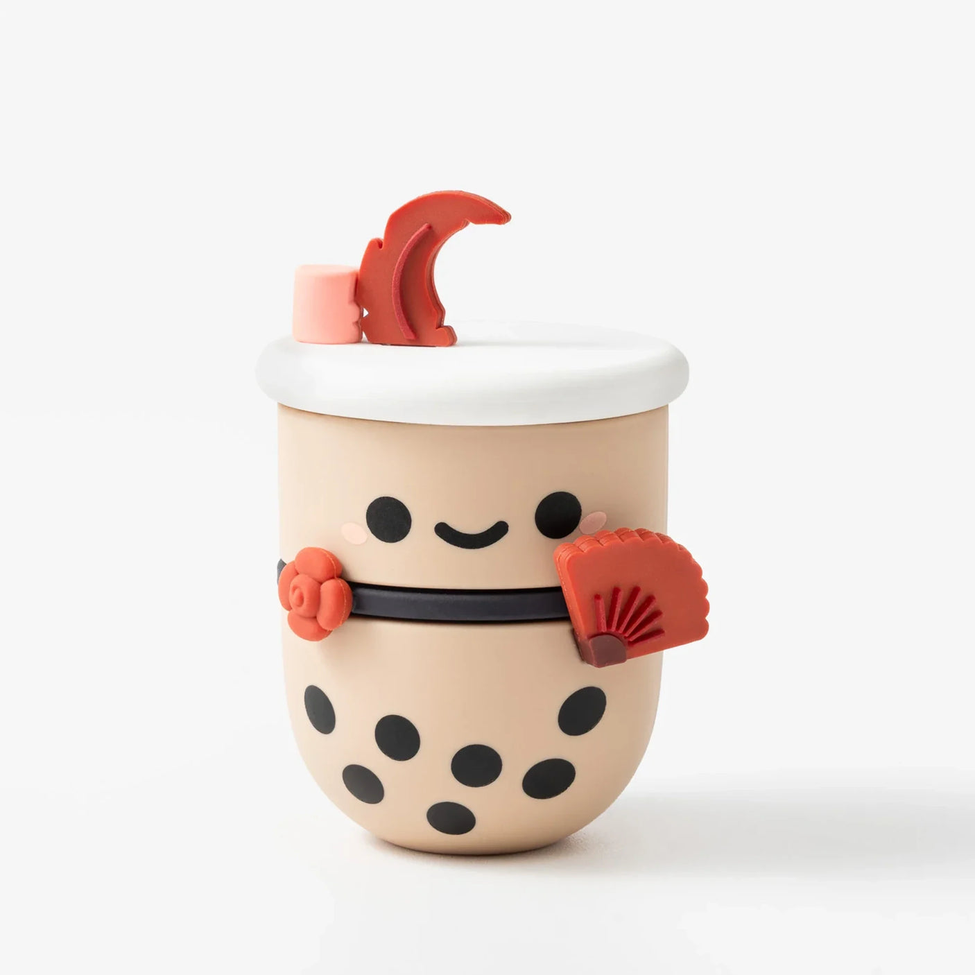 Wild West cup character figure with a white lid, red mustache, and black dot spots