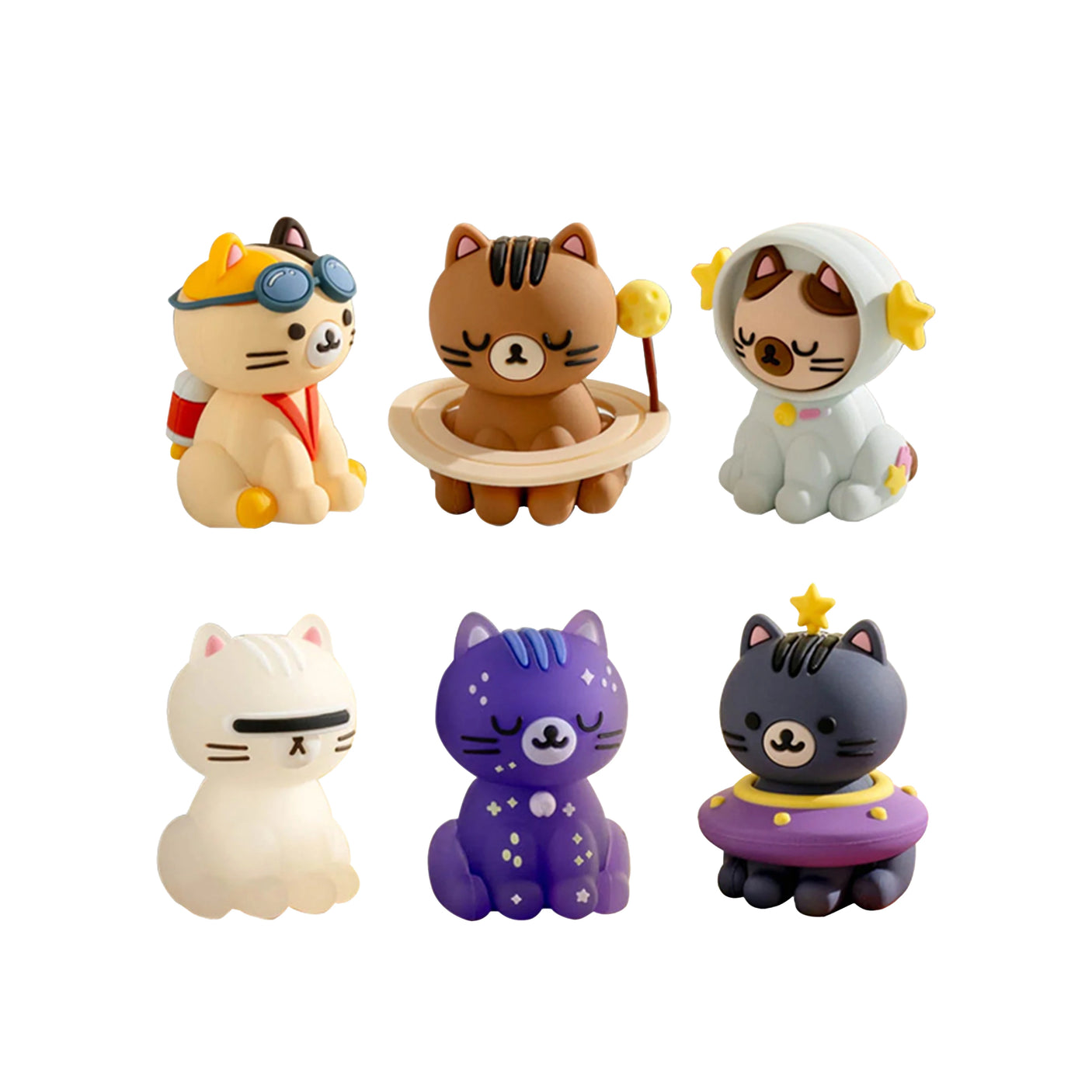 The Smoko Astrocats Blind Box includes six small cat figurines by Smoko, each dressed in themed costumes like aviator, astronaut, and ringmaster. These charming figures feature detailed designs and some glow-in-the-dark accents.