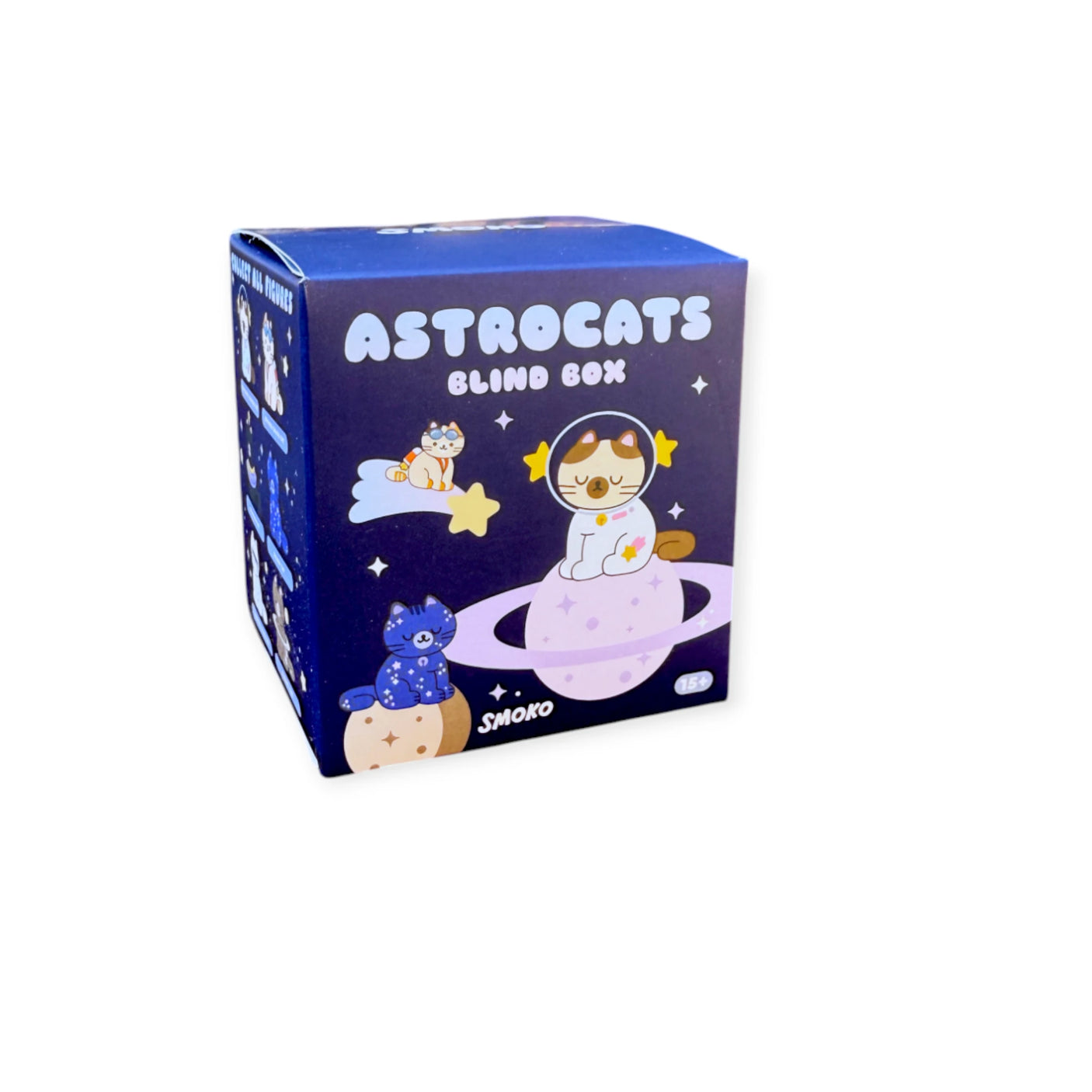 A blue box labeled "Smoko Astrocats Blind Box" by Smoko features cartoon astronaut cats among planets and stars, with playful glow-in-the-dark details.