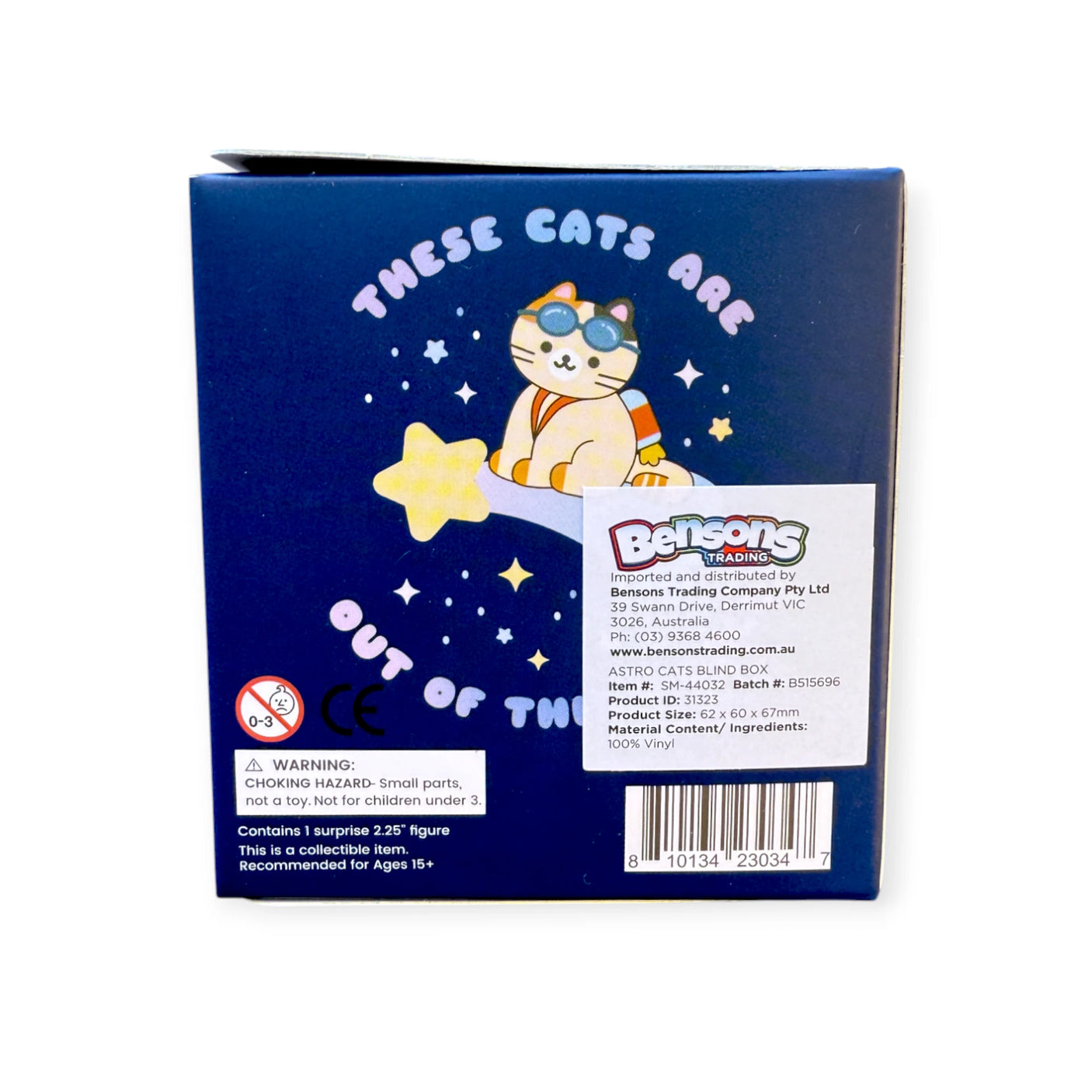 A blue Smoko Astrocats Blind Box shows a cartoon cat in sunglasses sitting on a star with "These cats are out of this world" above. The figure glows in the dark. A white label with Smoko and product info appears on the side.